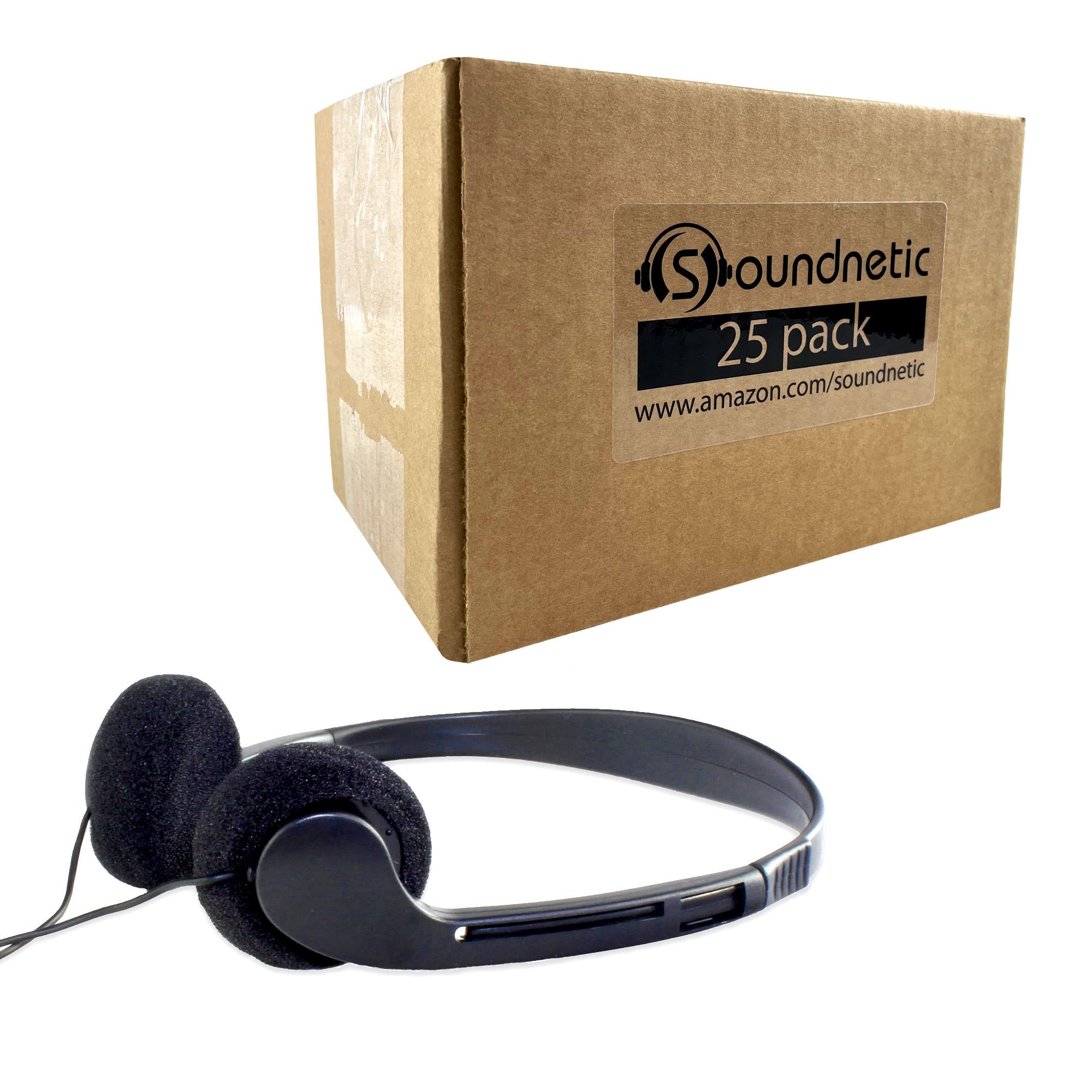 25 Pack SN09 Disposable Stereo Classroom Headphones - Bulk Black School Headphones for Students, Teachers & Libraries - Perfect for Testing, E-Learning & Audio Labs