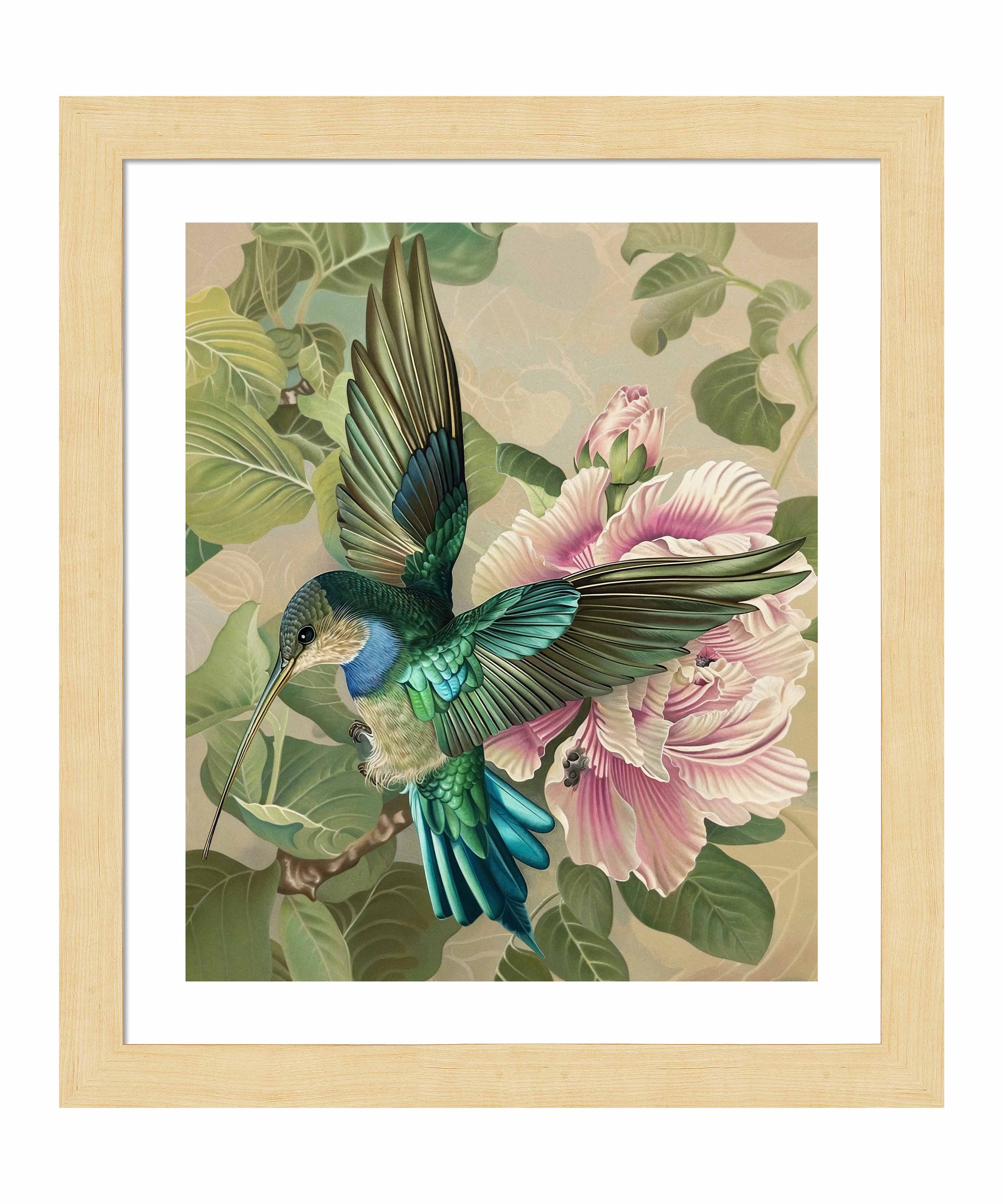 Emerald Flight Hummingbird Among Hibiscus Wall Art Print - Vibrant Tropical Home Decor for Living Room, Bedroom & Office