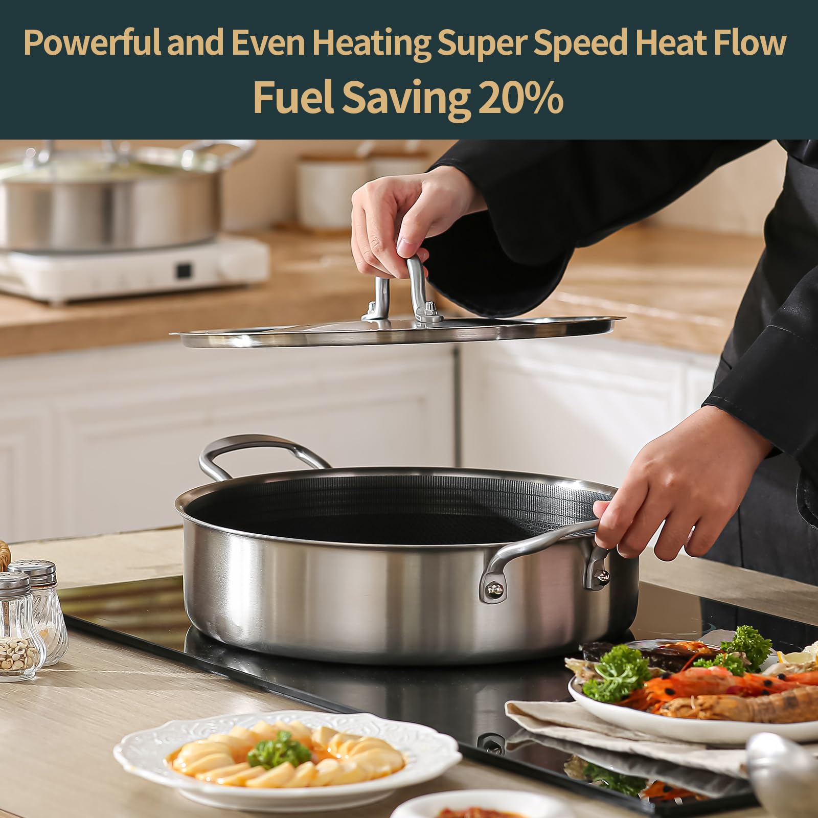 5 Quart Tri-Ply Hybrid Nonstick Stainless Steel Saute Pan with Lid - 12 Inch Deep Frying Pan & Rondeau Pot - Oven & All Cooktops Safe up to 600℉ - Perfect for Searing, Frying & Braising - Ideal for Home Chefs & Professional Kitchens