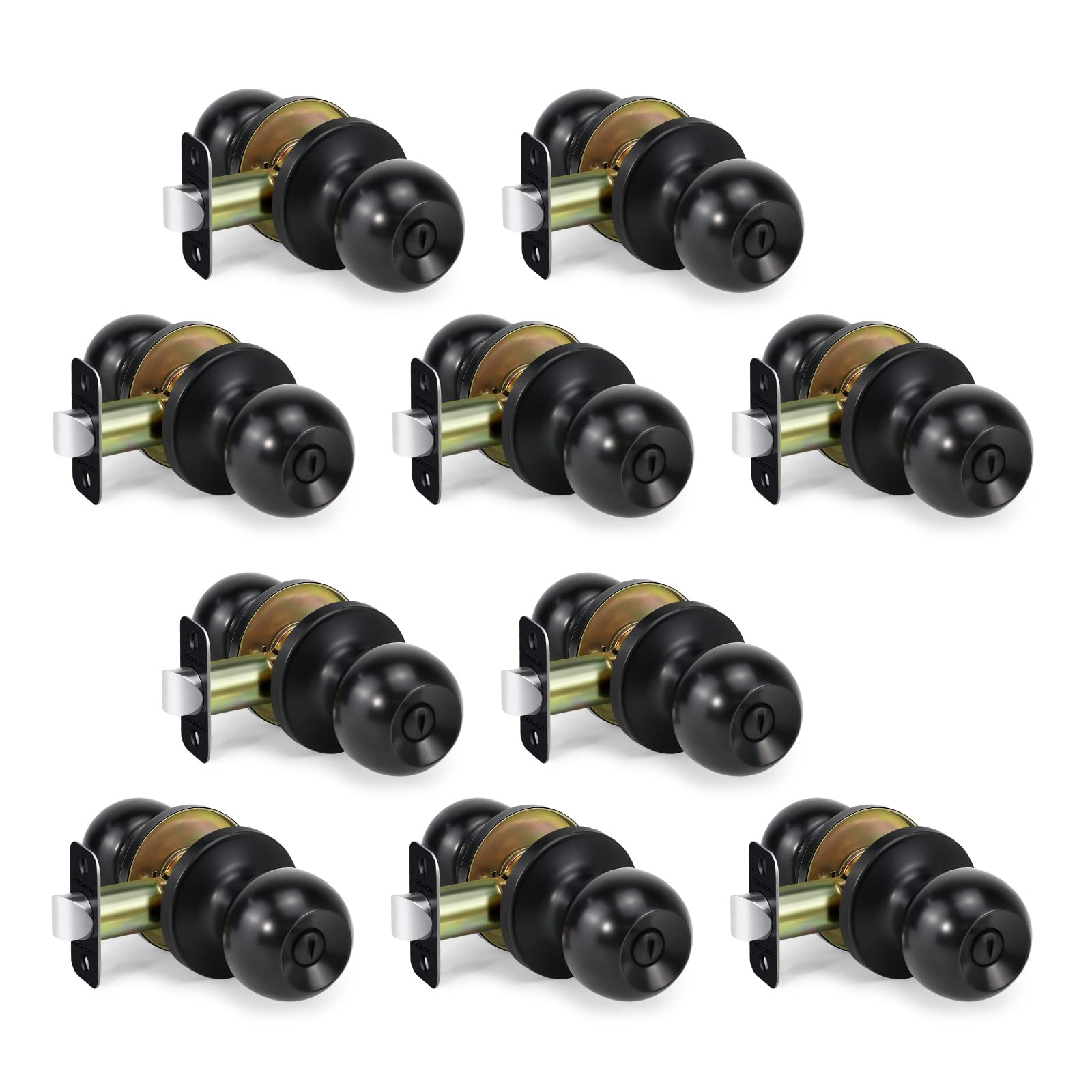 Keyless LOQRON Ball Door Knob Privacy Lock - 10 Pack Matte Black Interior Round Handle for Bedroom & Bathroom (Left/Right Hand Compatible) - Perfect for Home Privacy, Rental Properties & Office Security