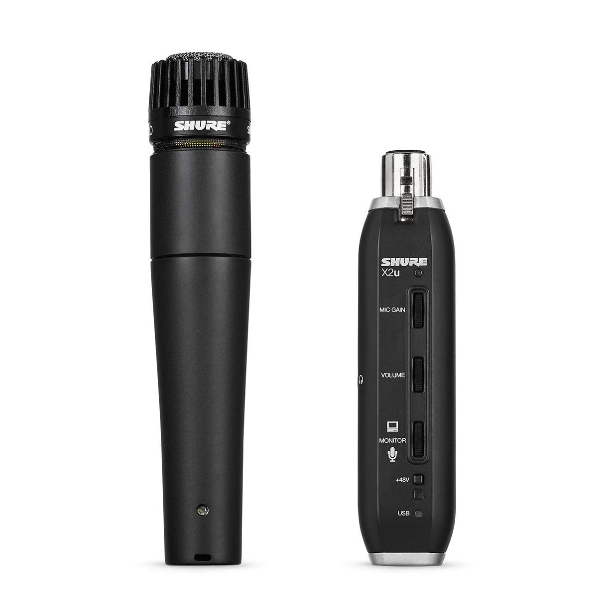 Shure SM57 Cardioid Dynamic Instrument Microphone with X2u XLR-to-USB Adapter - Professional Studio Recording Mic for Vocals, Guitar & Drums - Includes 3m USB Cable, Mic Clip & Storage Bags - Perfect for Home Studios, Podcasting & Live Performances (SM57-X2U)