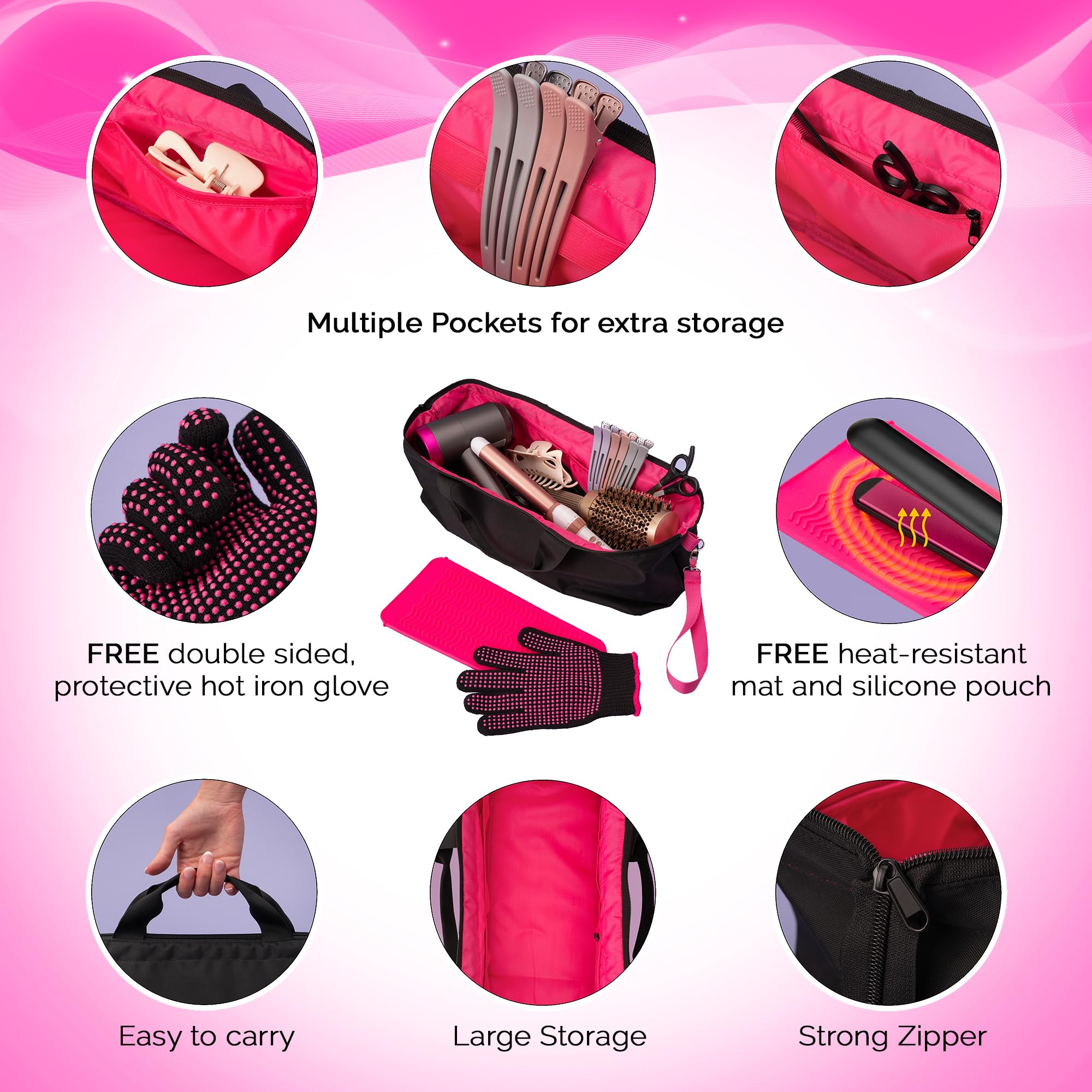 Heat Resistant Travel Bag for Flat Iron, Hair Straightener & Curling Iron - Portable Hot Tools Organizer with Silicone Mat & Glove - Perfect for Travel, Salon Visits & Home Storage