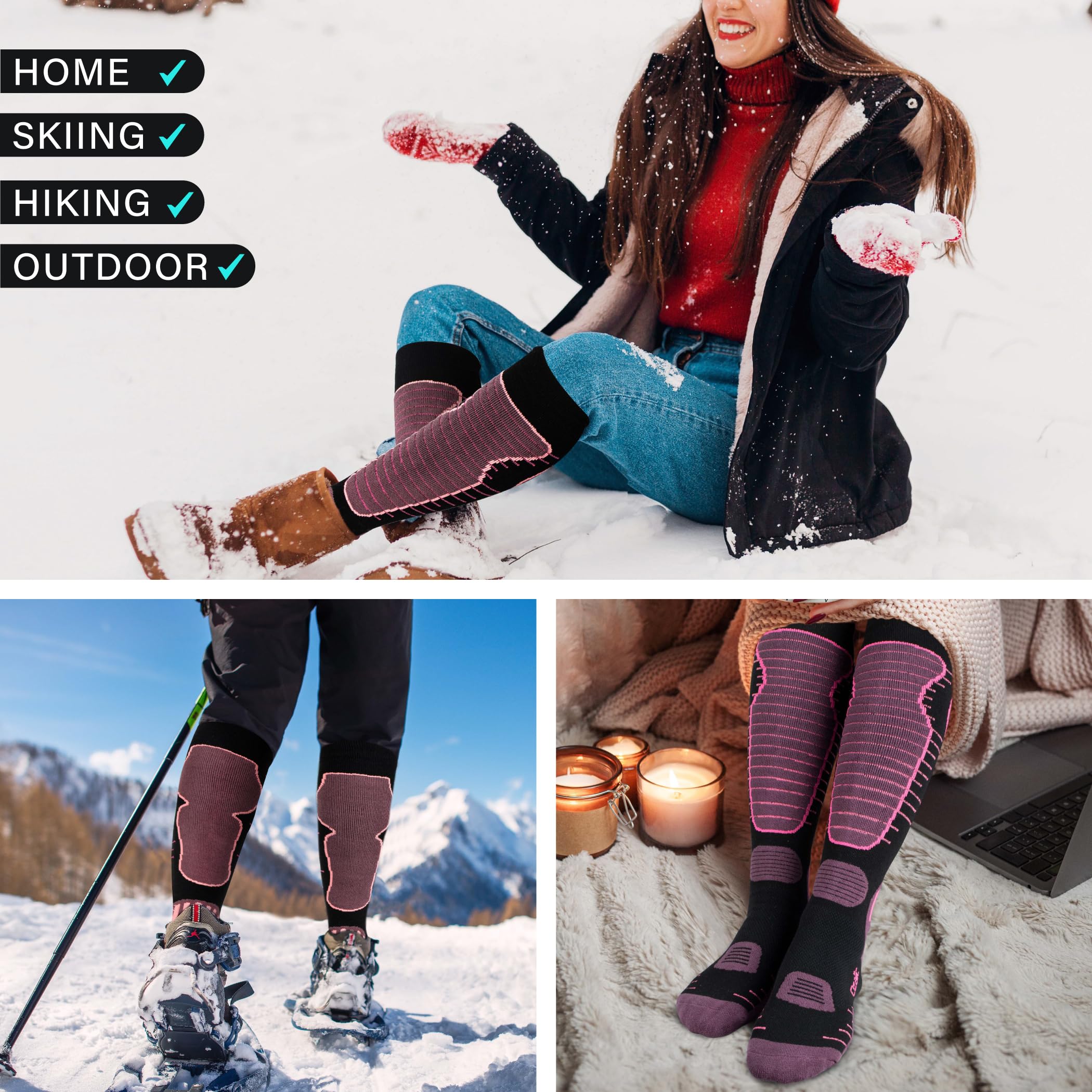 Merino Wool Ski Socks for Men & Women - 2 Pairs Warm Thermal Performance Socks for Skiing & Snowboarding