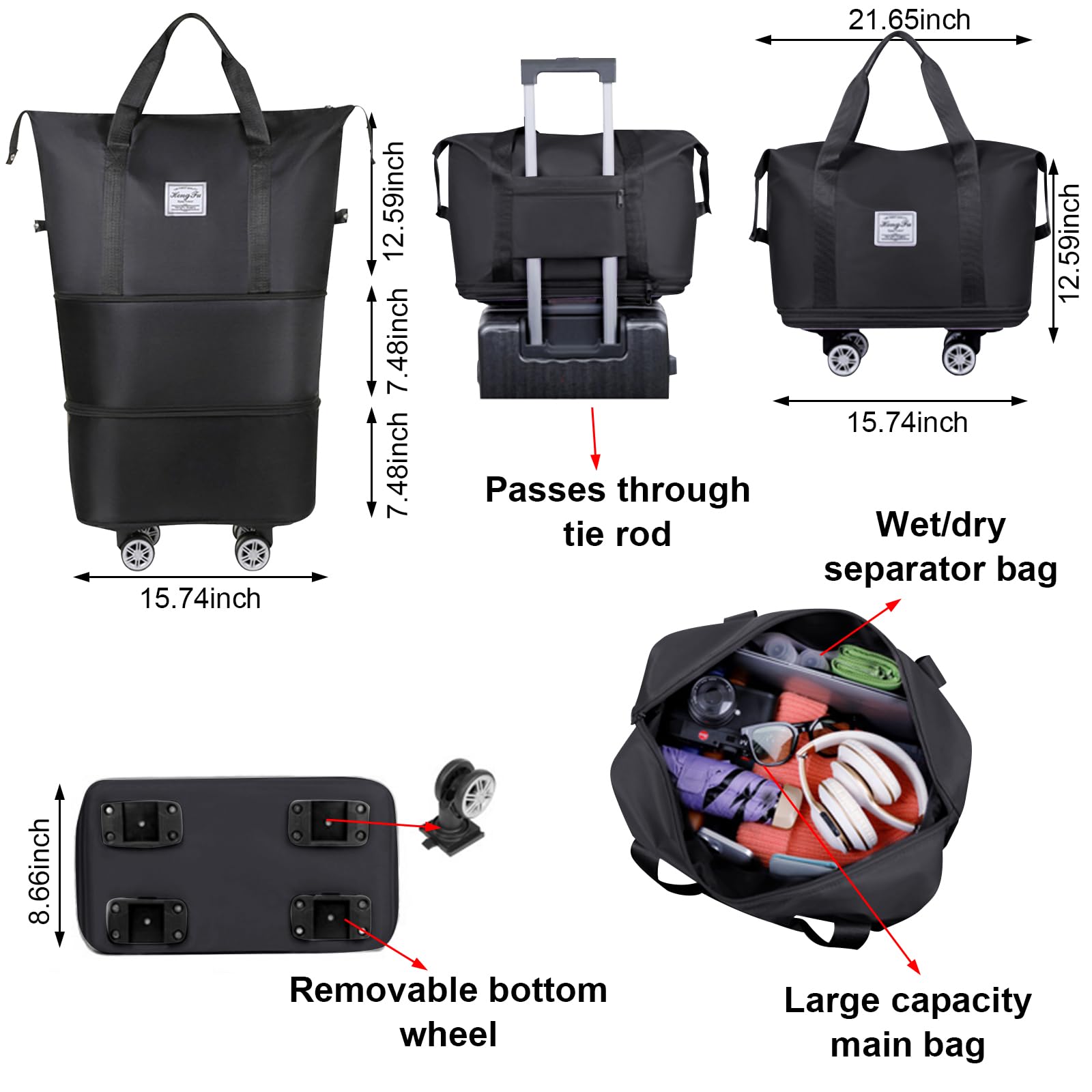 Foldable & Expandable Travel Duffel Bag with Detachable Wheels - Large Carry-On Luggage for Gym, Camping, Business Trips - Black | Perfect for Air Travel, Weekend Getaways & Sports Equipment Storage