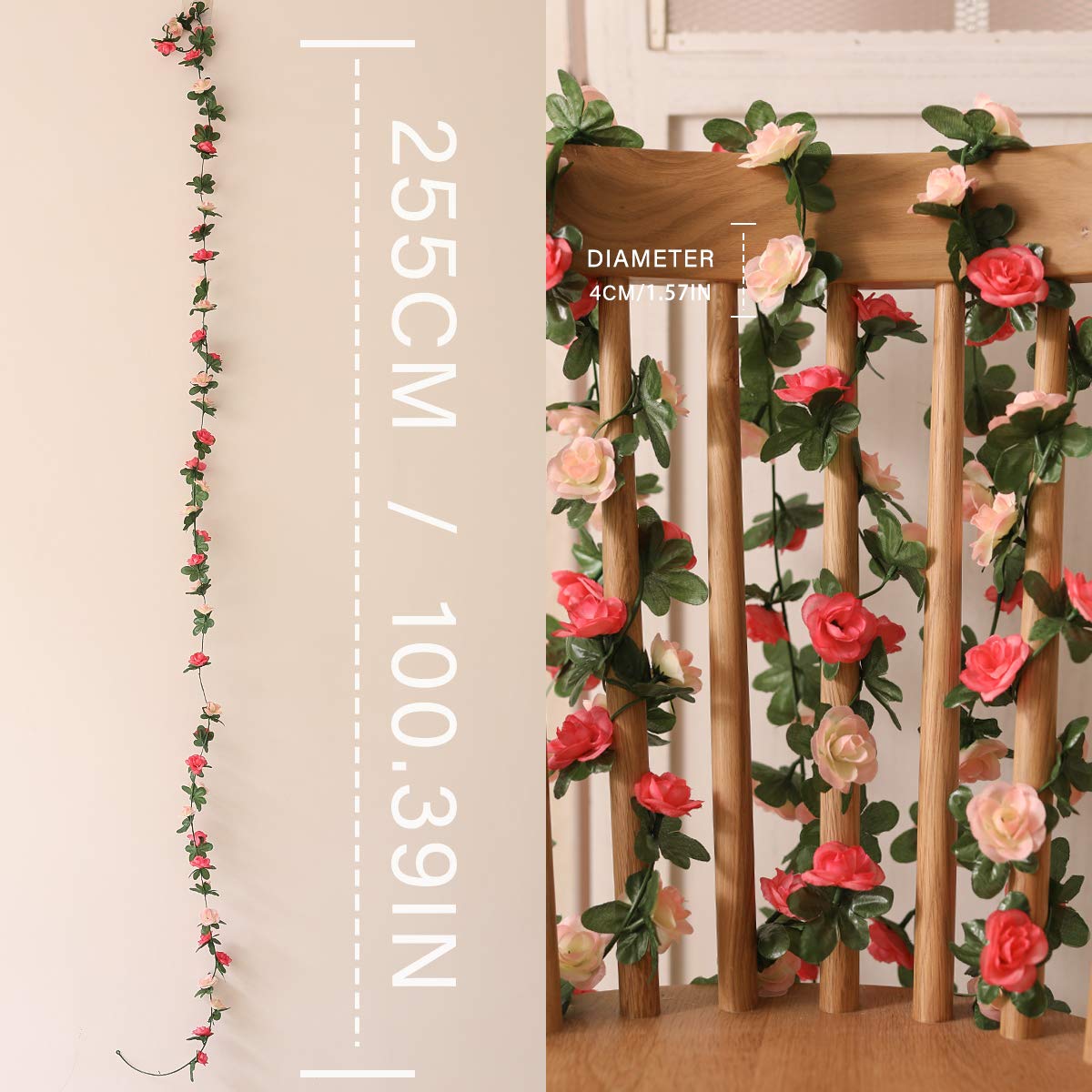 5pcs 41Ft Artificial Rose Vine Garland - Fake Flower Hanging Decor for Wedding Arch, Garden Party, Home Background (Pink) | Perfect for Bridal Showers, Baby Showers & Outdoor Events