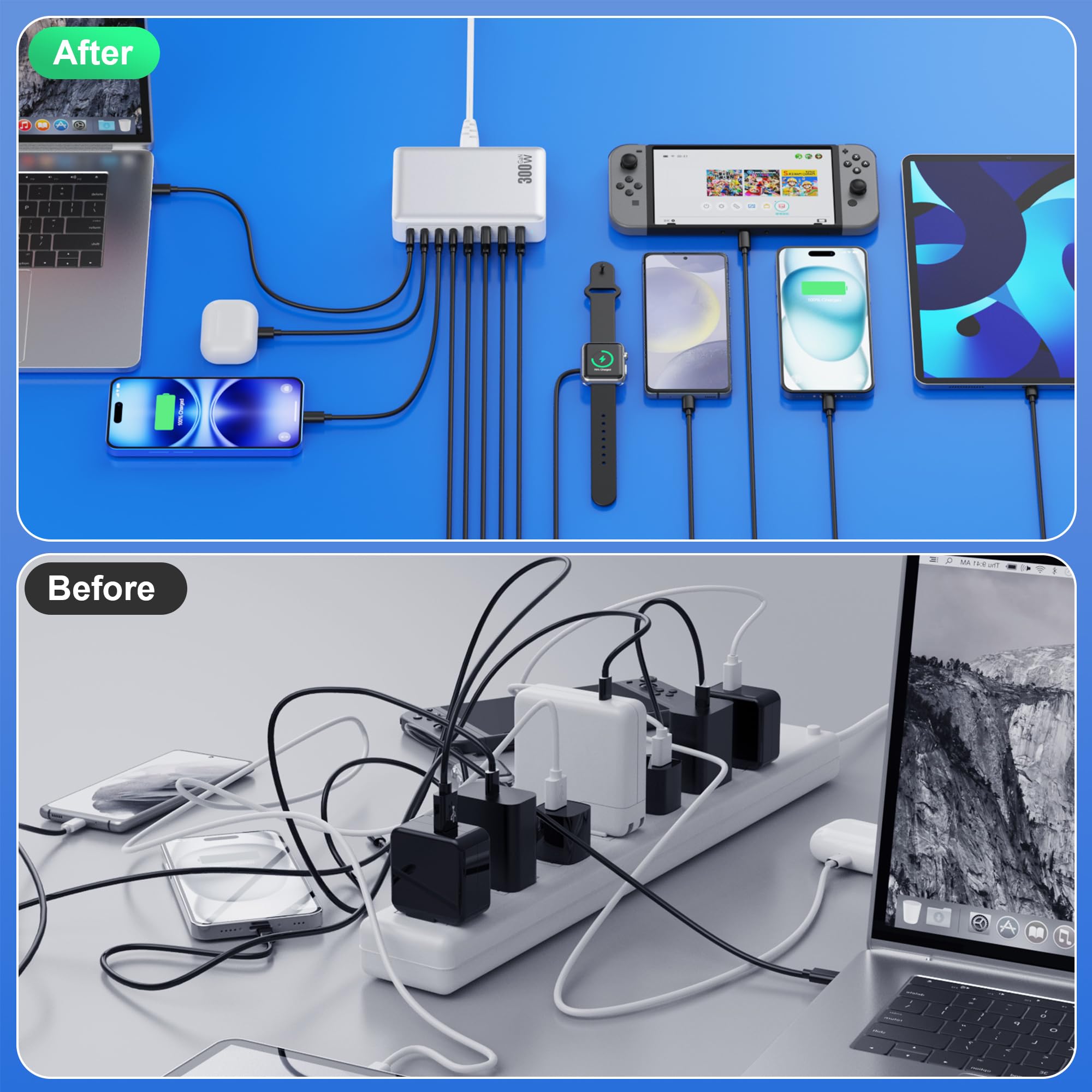 300W GaN IV Fast Charging Station with 8-Ports USB C Charger Block - PD 100W Laptop Charger Hub Compatible with MacBook/Air, Dell, Steam Deck, iPhone 16/15/14, Galaxy S24 - Perfect for Home, Office & Travel Charging Needs