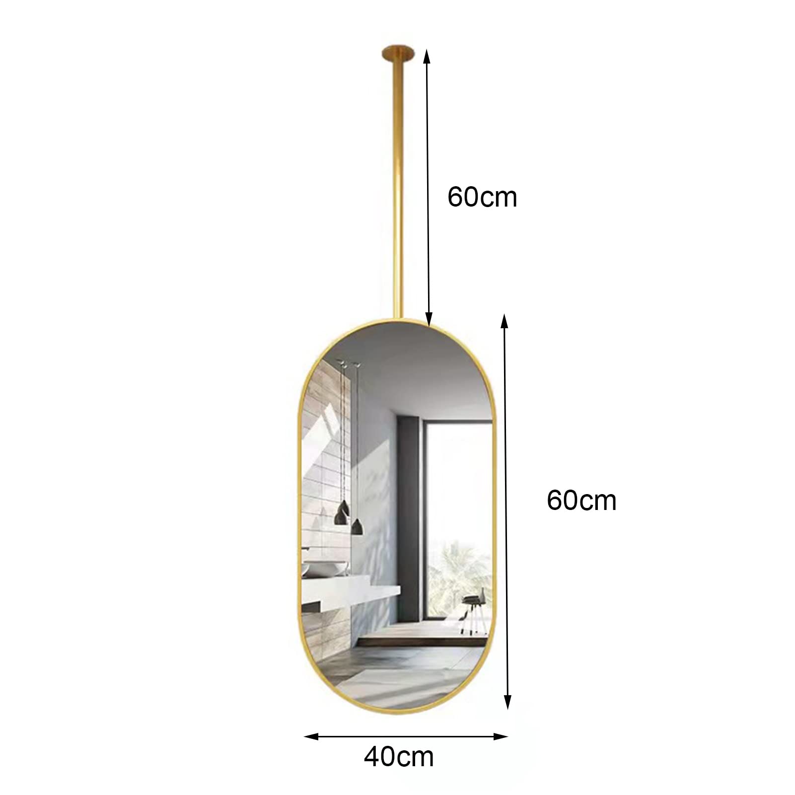 Gold Ceiling Mounted Mirror Hanging Rod - 40cmx60cm Clear Floating Bathroom Vanity Mirror for Home & Hotel Decor, Makeup & Decorative Use