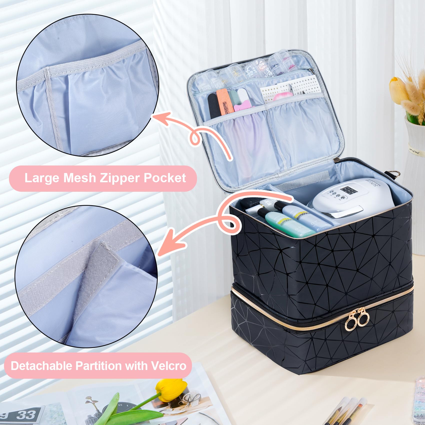 Uross Nail Polish Organizer Bag - Holds 30 Bottles of Nail Polish & Nail Kit - Portable Nail Polish Storage Case for Nail Technicians & DIY Manicures - Perfect for Salon, Travel & Home Use - Black