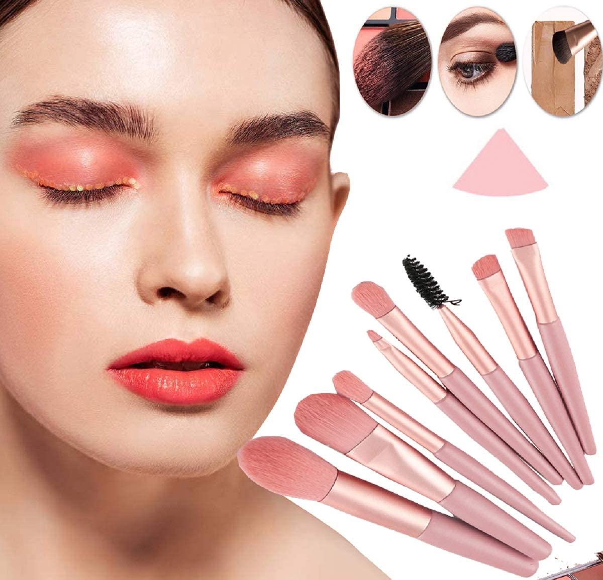 8-Piece Travel Portable Mini Makeup Brush Set - Foundation, Blush, Eyeshadow, Eyeliner, Lip & Eyebrow Brushes with Makeup Sponge & Storage Pouch | Perfect for On-the-Go Makeup, Travel Essentials & Professional Cosmetic Application