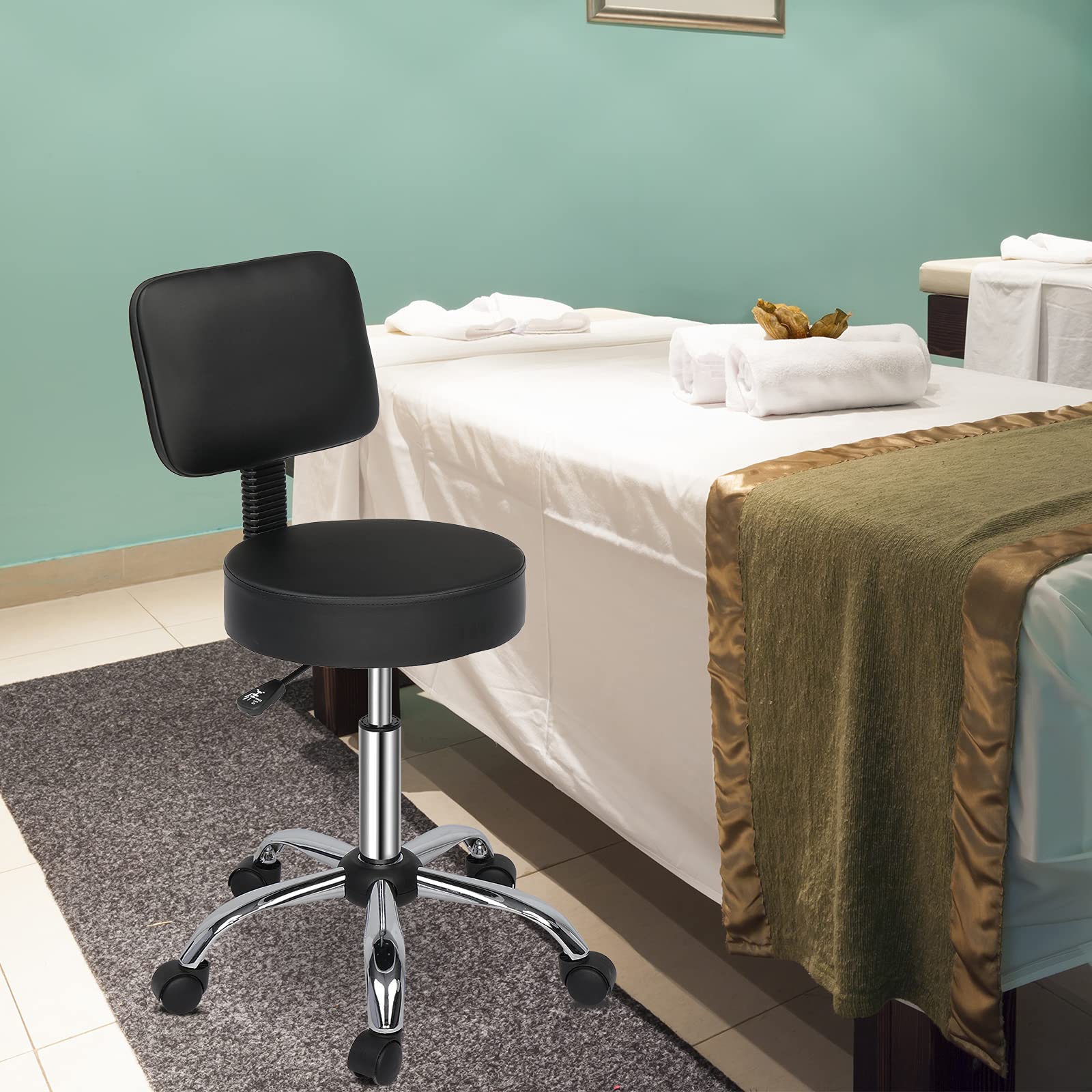 Vasitelan Hydraulic Swivel Salon Stool with Back - Adjustable Rolling Office Chair for Beauty, Barber, Tattoo & Massage - Black | Perfect for Salon, Spa, Clinic & Home Use