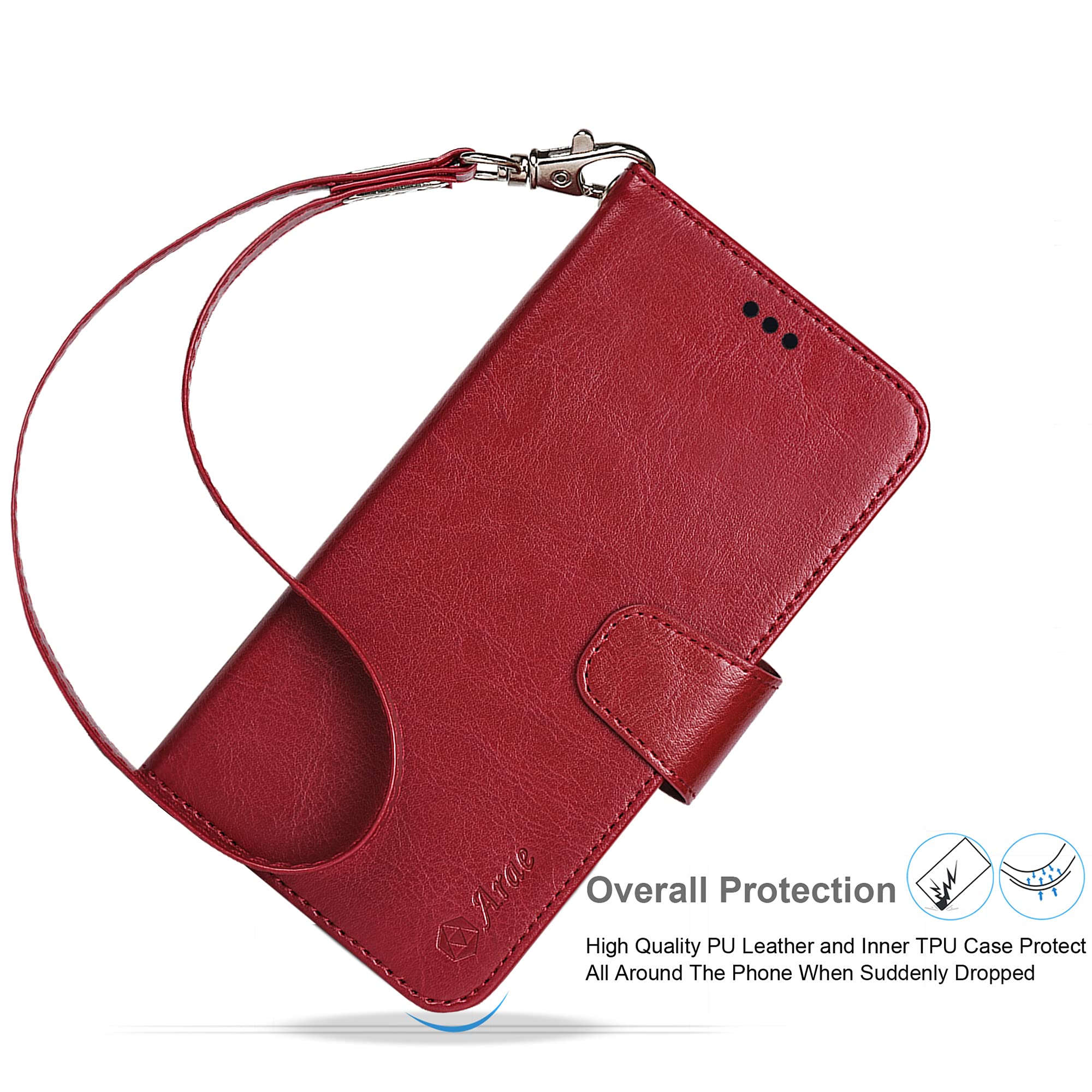 Arae iPhone 13 Pro Max Wallet Case (6.7 inch) - Premium Flip Cover with Card Holder & Wrist Strap for Women & Men - Wine Red | Perfect for Everyday Use, Travel & Hands-Free Convenience