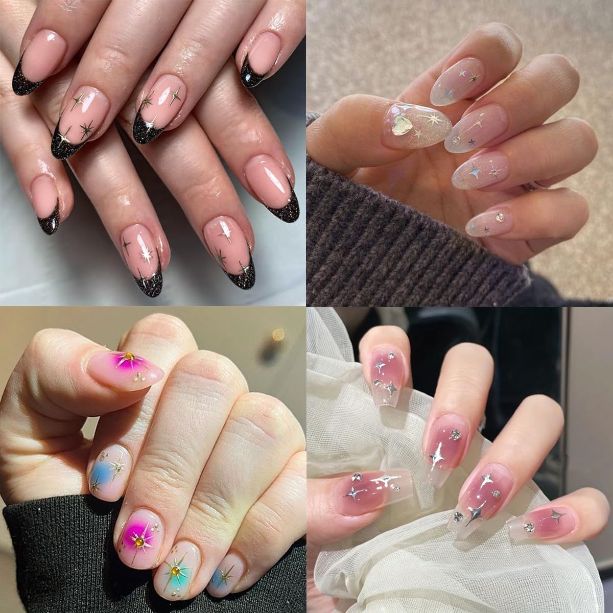 3D Glitter Star Nail Stickers - Self-Adhesive Nail Art Decals with Rhinestones (6Pcs, Gold/Silver/Black/White) | Perfect for Manicure, Nail Design & DIY Nail Art | Great for Parties, Weddings & Special Occasions