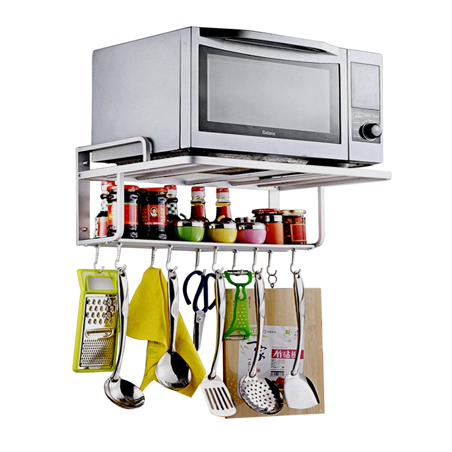 Premium Aluminum Microwave Oven Wall Mount Shelf - Double Deck Storage Rack with Hooks, Space-Saving Silver Organizer for Kitchen, Pantry, or Garage Storage