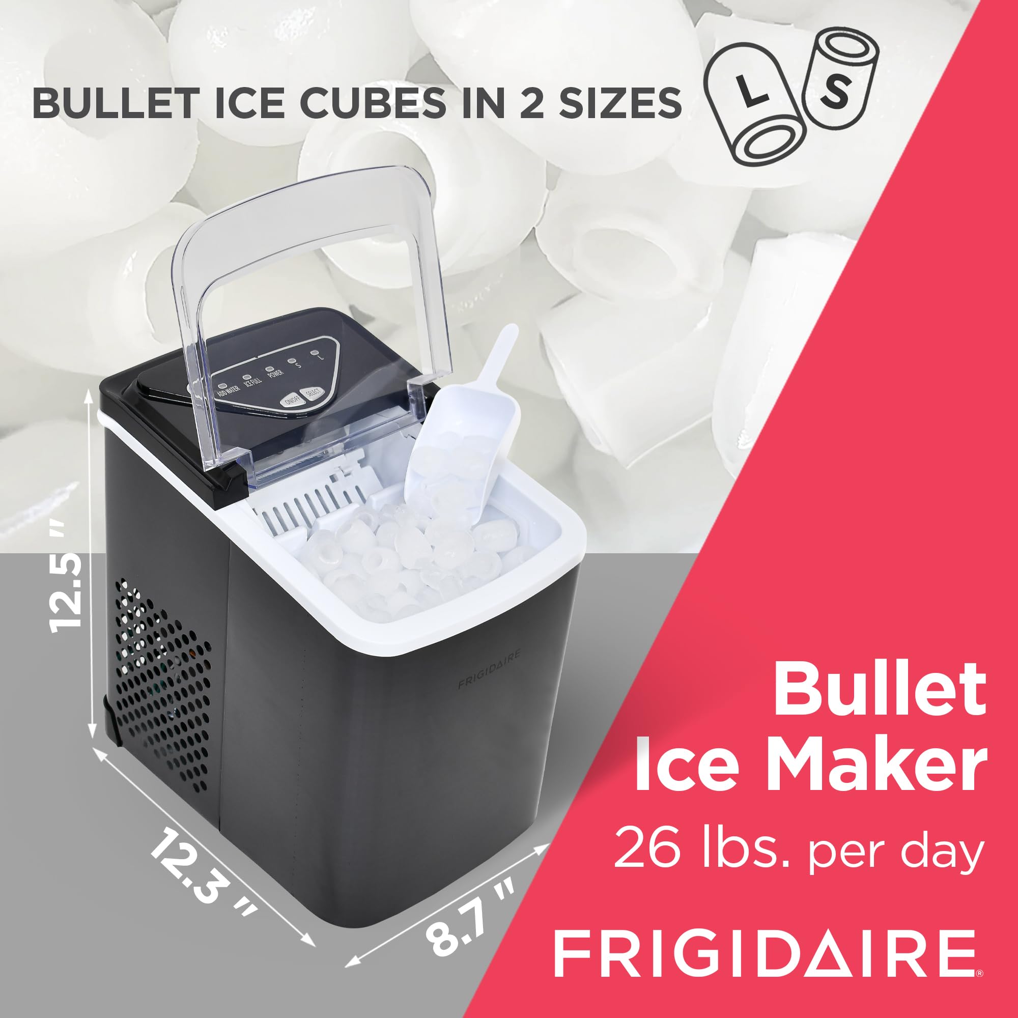 Frigidaire EFIC123-SSBLACK Compact Countertop Ice Maker - 26lbs Daily Output, Black Stainless Steel - Perfect for Home, Office, Parties & Outdoor Events