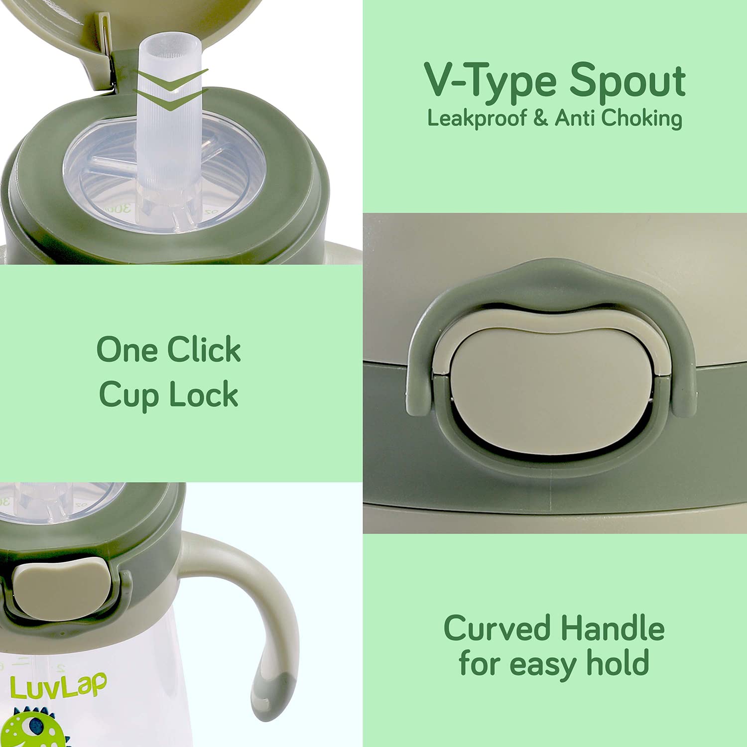 LuvLap Baby Bite-Resistant Soft Silicone Straw Sippy Cup with Handle & Weighted Straw - Anti-Spill Lock, BPA-Free, 300ml, Green - Ideal for Toddlers 6+ Months, Perfect for On-the-Go Feeding, Travel & Learning Independent Drinking