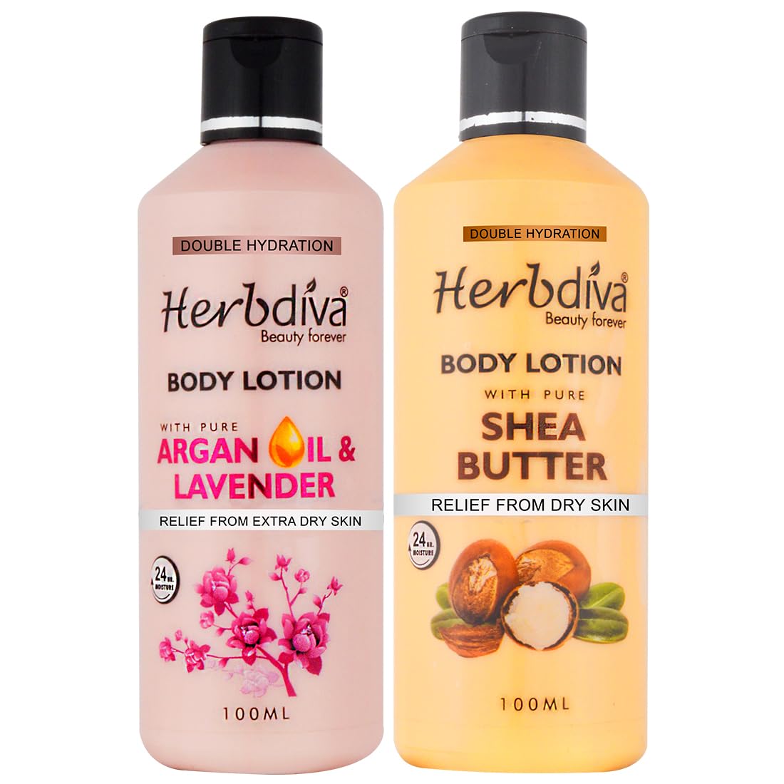 Herbdiva Double Hydration Body Lotion with Argan Oil & Shea Butter - 100ml Each, Enriched with Lavender for 24HR Moisturizing - Cruelty Free Dry Skin Relief Cream - Pack of 2 - Perfect for Daily Hydration & Nighttime Skin Care