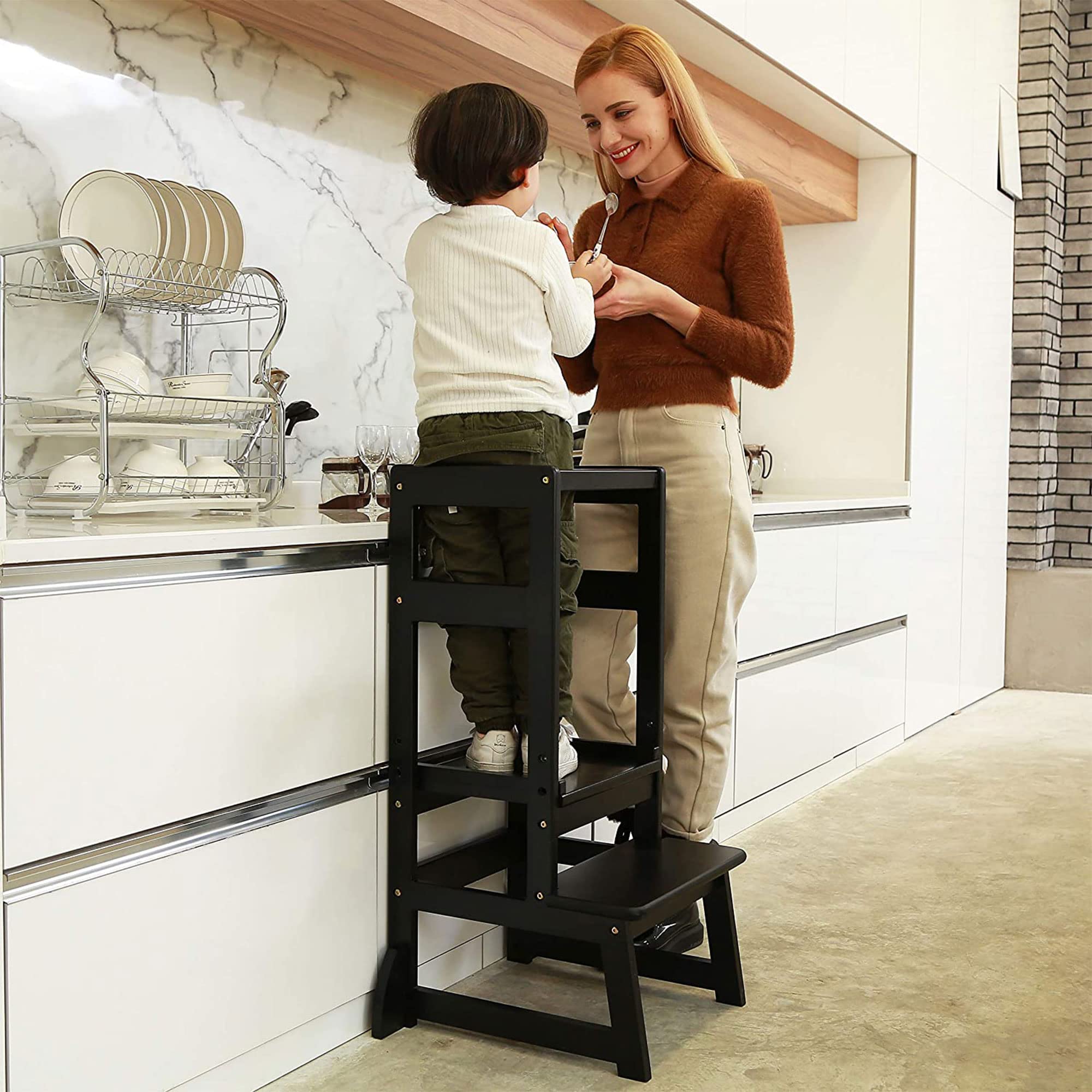 SDADI LT05B Adjustable Height Kitchen Step Stool - Safe Non-Slip Learning Stool for Kids & Adults - Counter Level Step Ladder for Kitchen, Bathroom & Home Use - Perfect for Cooking, Cleaning & Reaching High Shelves - Black