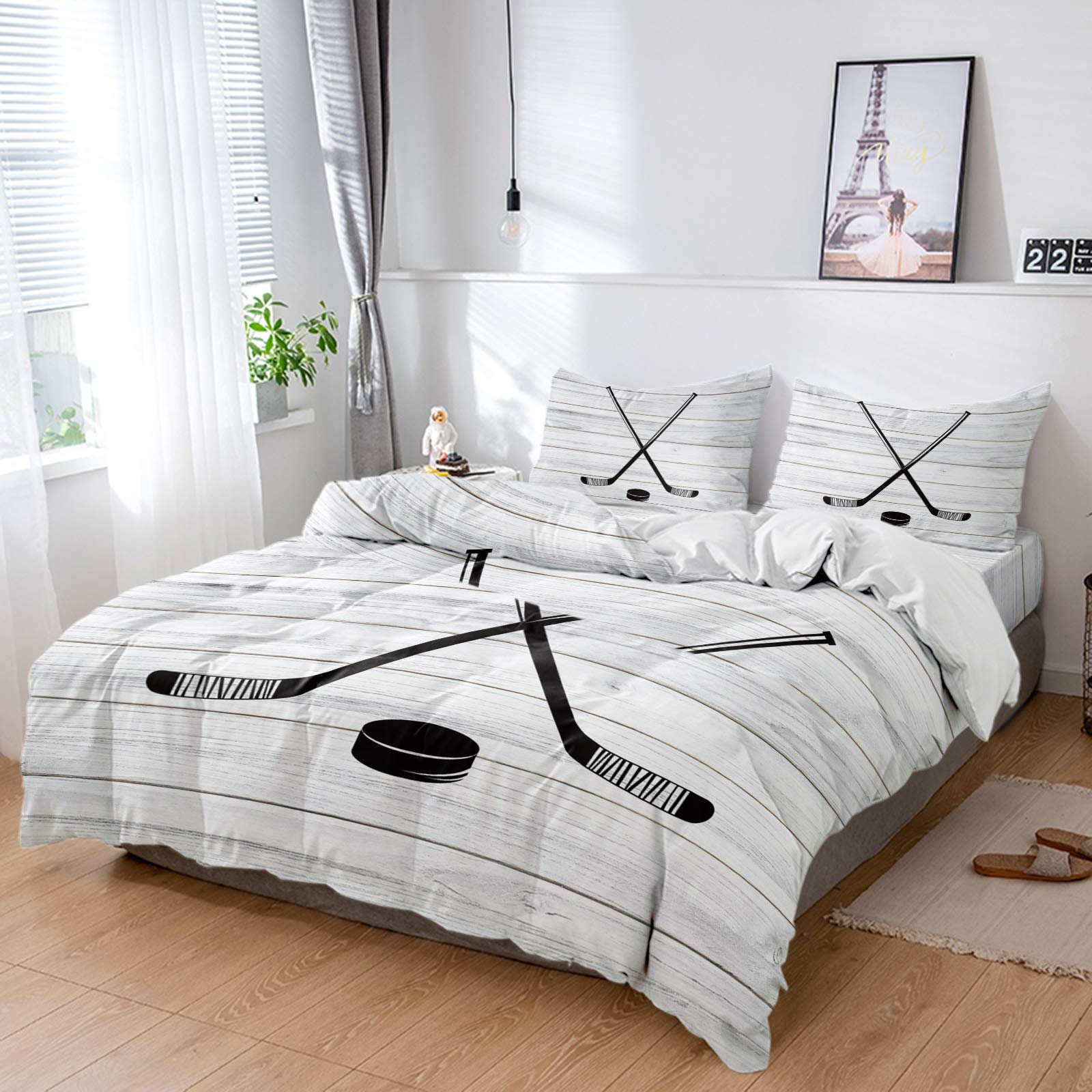 4-Piece Hockey Themed Duvet Cover Set - Full Size Ultra Soft Quilted Bedding with 2 Pillowcases - Hockey Sticks & Pucks Design on Rustic Wood Plank Background - Perfect for Sports Fans Bedroom Decor & Teen Boys Room Theme