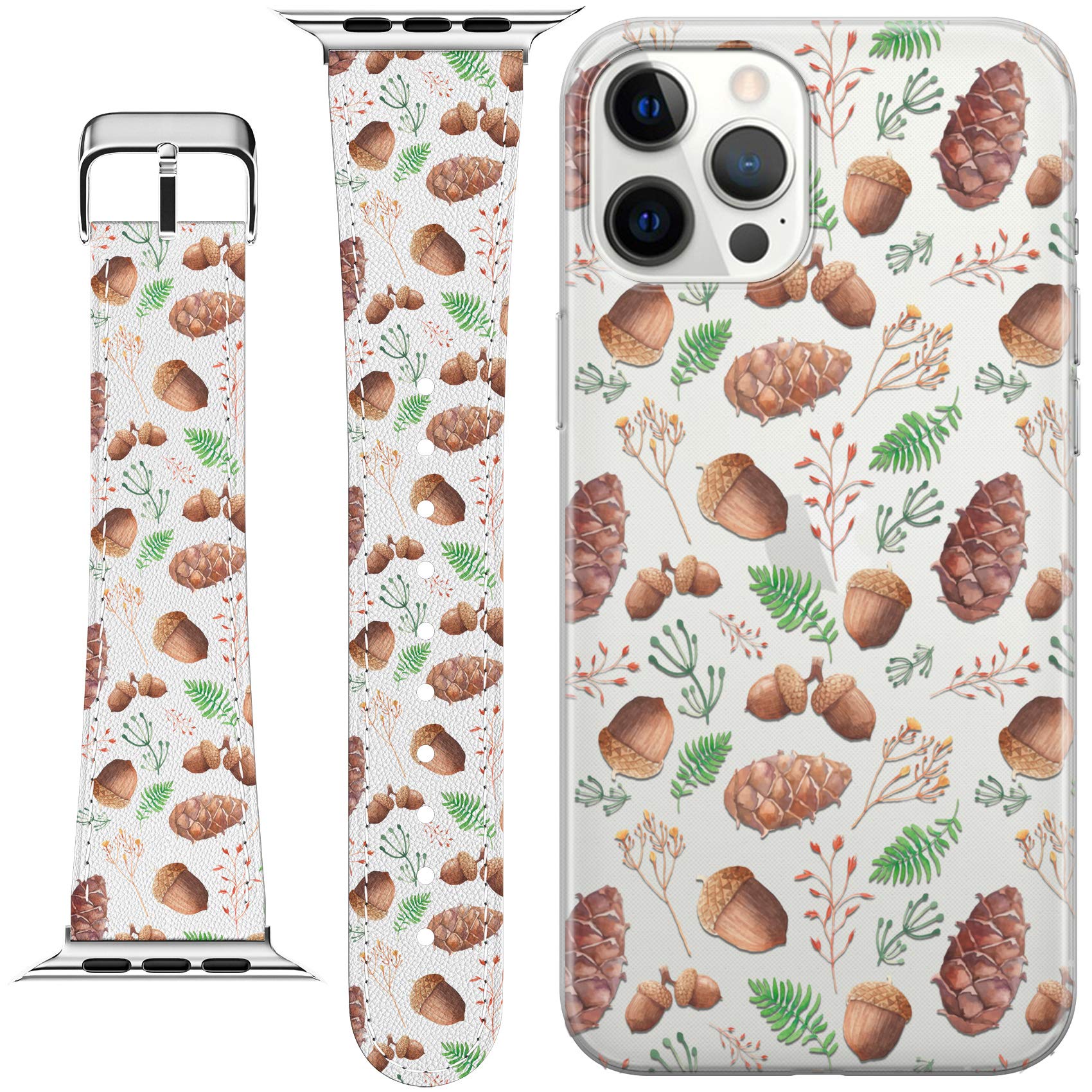 Apple Watch Bands Compatible with Series 7/6/5/4/3/2/1/SE - 38-45mm Cute Acorn Forest Print PU Leather Strap with Matching Phone Case - Perfect for Outdoor Adventures, Hiking & Nature Lovers