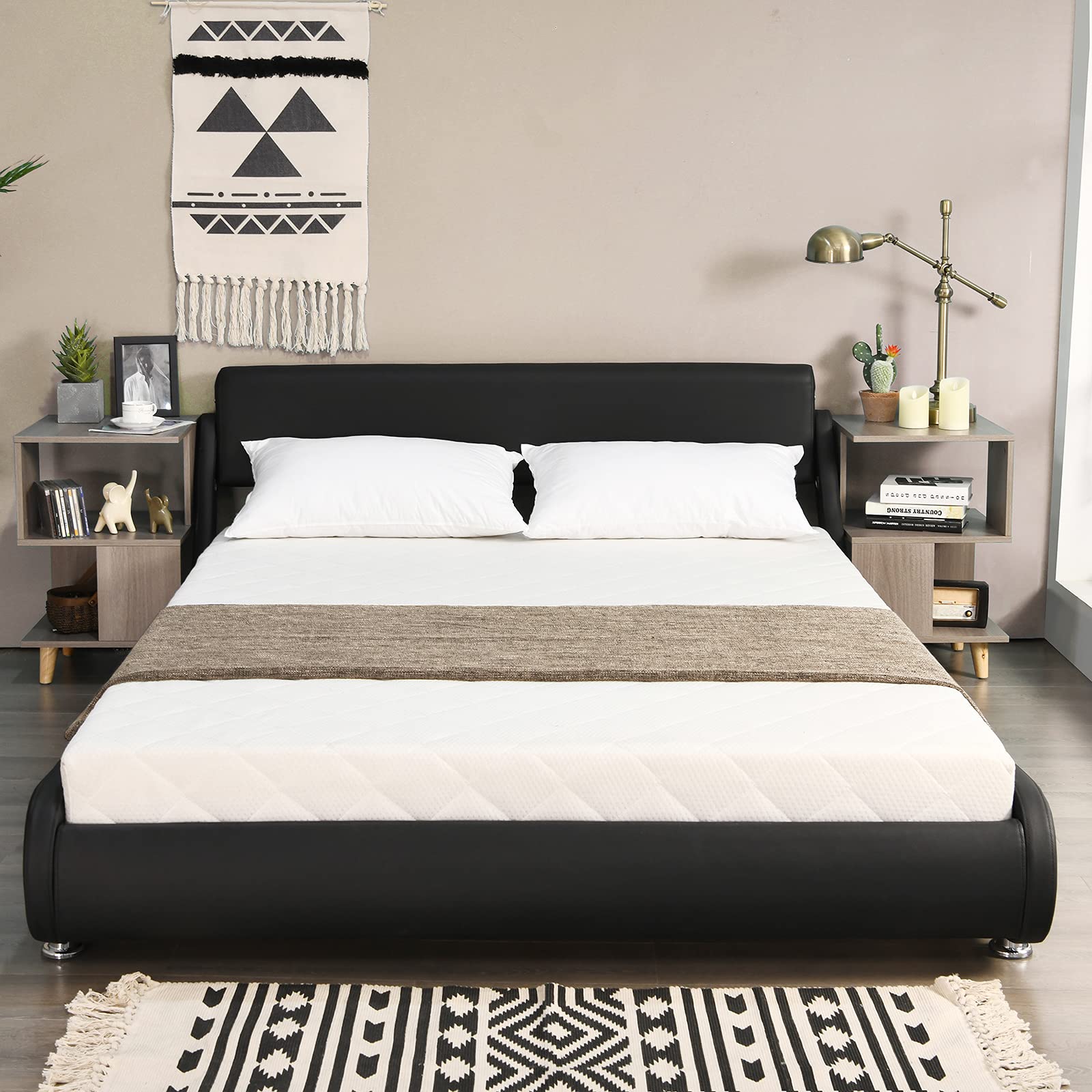 Giantex Full Size Upholstered Platform Bed Frame with Adjustable Headboard - Faux Leather Low Profile Curved Design, Wood Slat Support, No Box Spring Needed - Perfect for Modern Bedrooms, Guest Rooms & Small Spaces