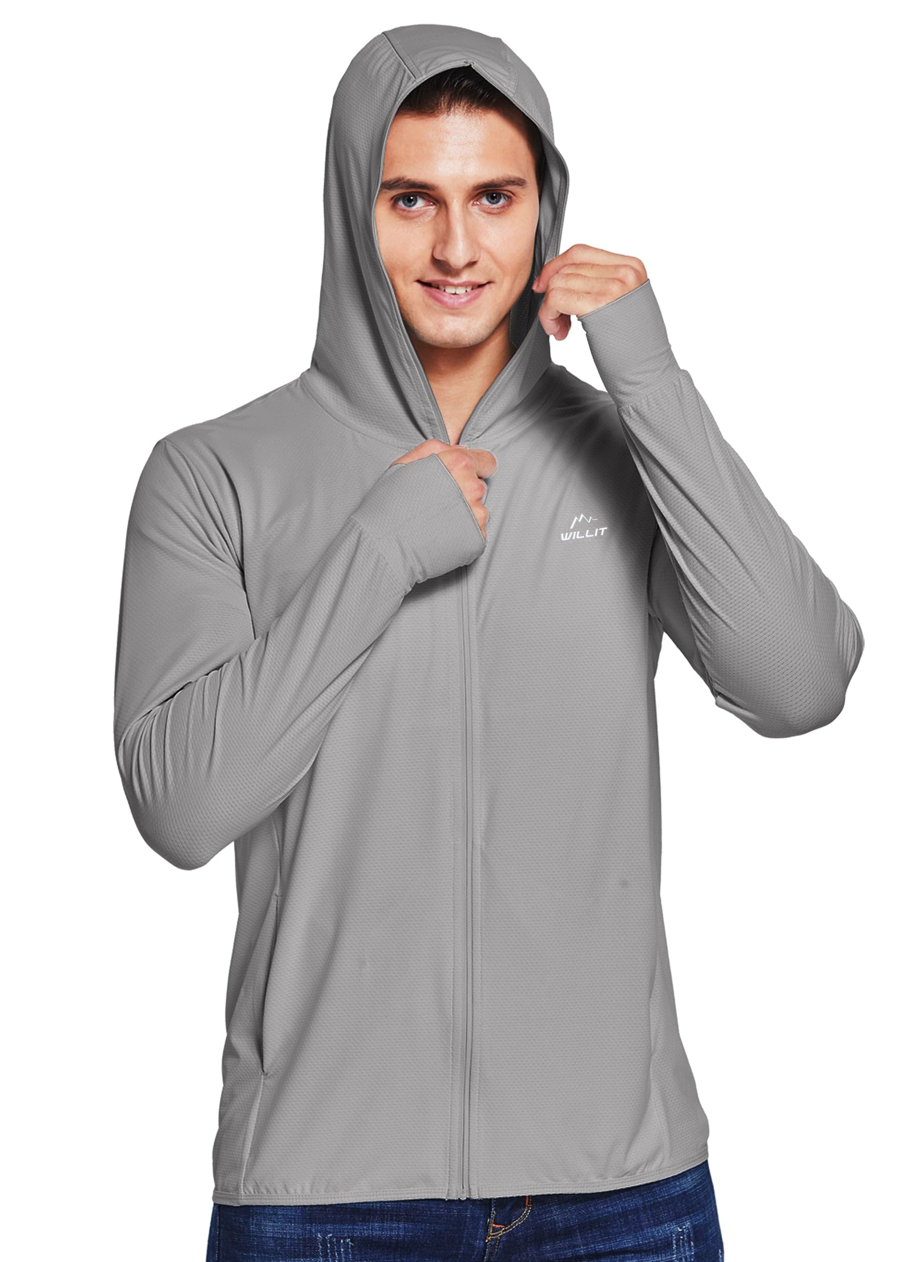 Willit Men's UPF 50+ Sun Protection Hooded Jacket - Lightweight SPF UV Shirt for Hiking, Fishing & Outdoor Activities - Long Sleeve Full Zip Windbreaker for Summer Sun Safety