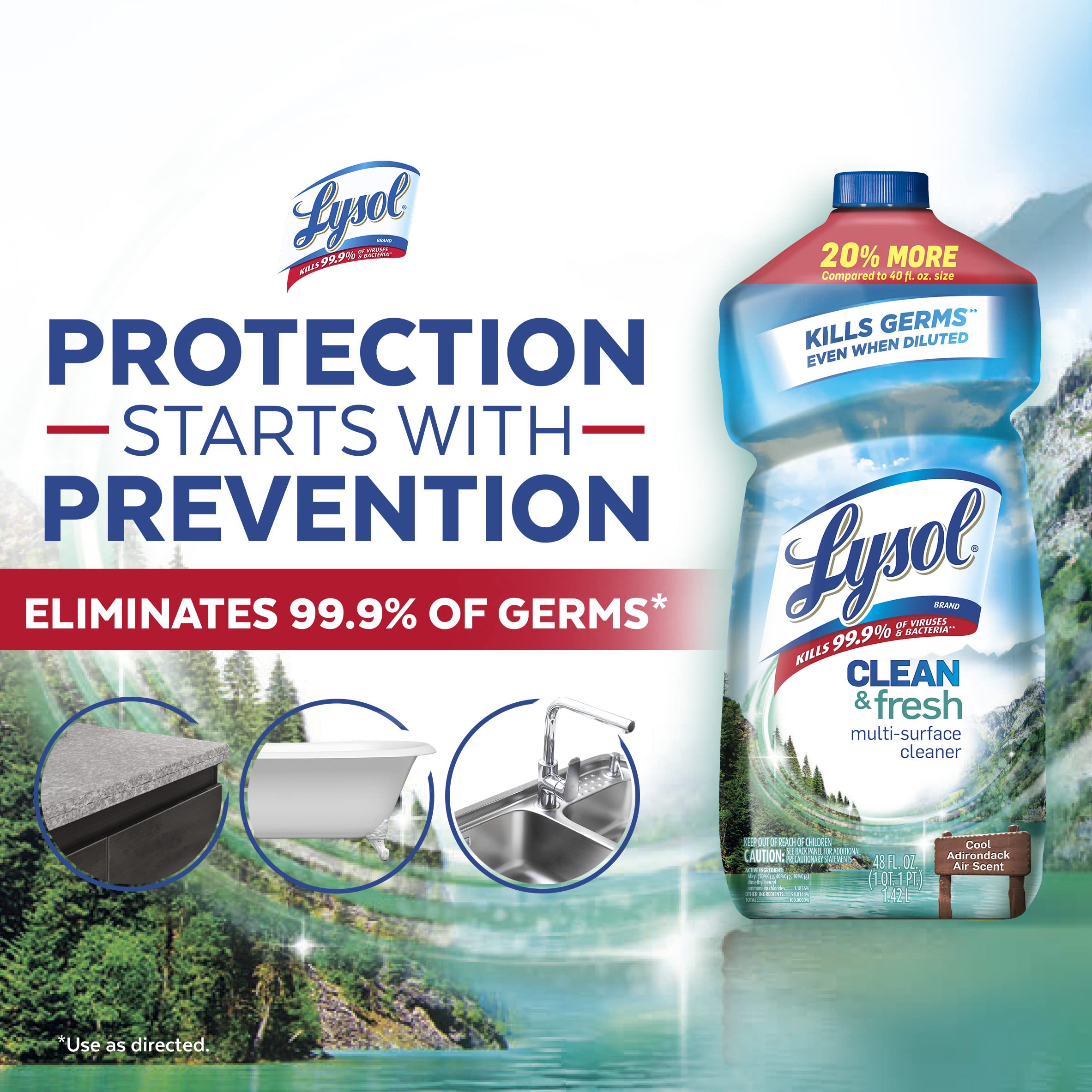Lysol Multi-Surface Cleaner & Disinfectant - 48oz Sanitizing Spray for Kitchen, Bathroom & Home - Kills 99.9% of Germs - Cool Adirondack Air Scent - Ideal for Countertops, Floors & High-Touch Surfaces
