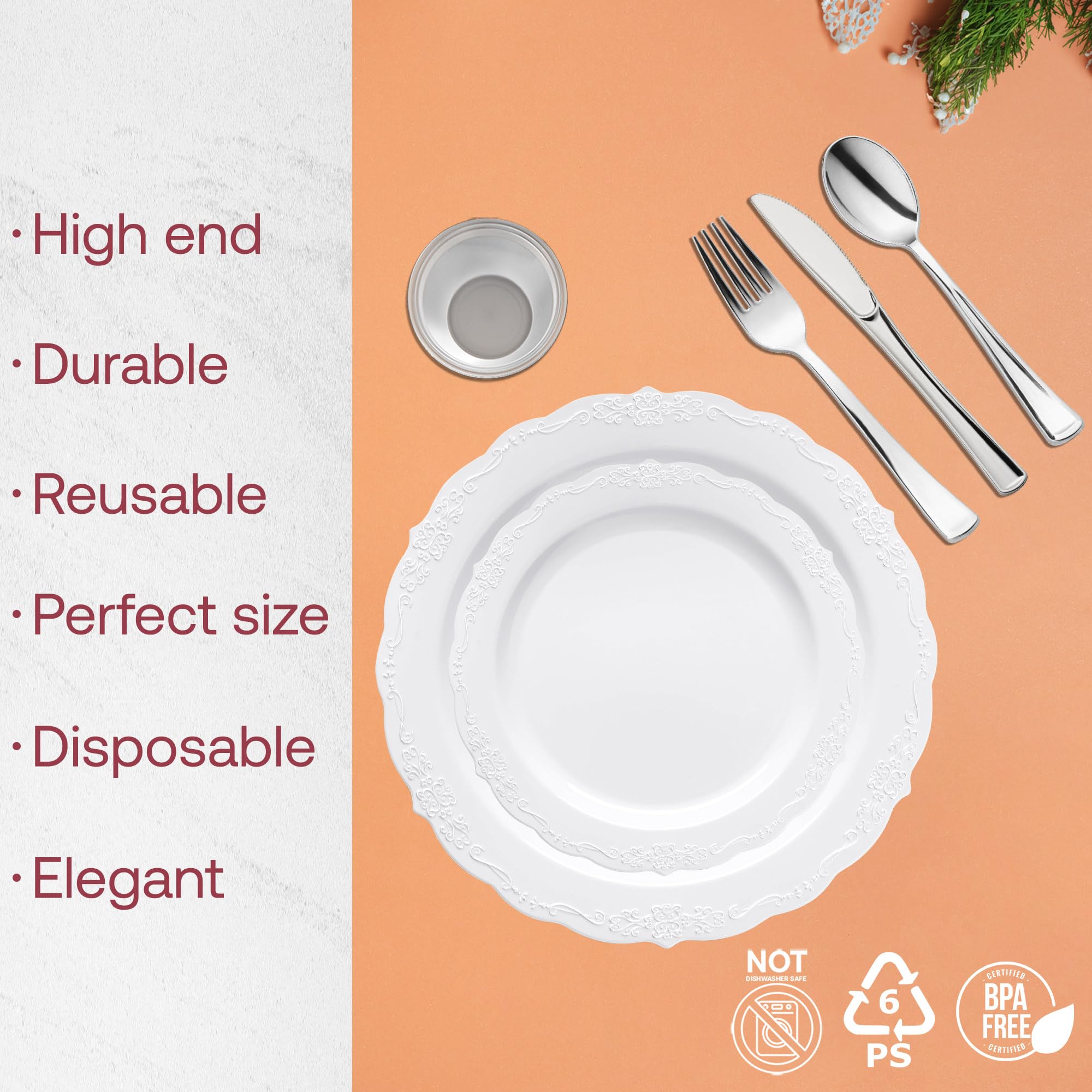 Elegant Plastic Plates Wedding Value Set for 120 Guests - White & Silver Disposable Dinnerware with Silverware & Clear Cups | Smarty Had A Party | Perfect for Weddings, Bridal Showers & Formal Events