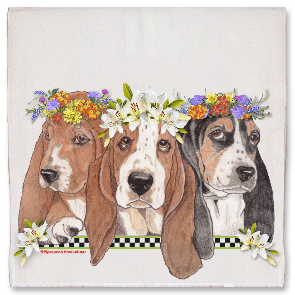 Basset Hound Dog with Flowers Print Kitchen Dish Towel - Absorbent Cotton Pet Lover Gift for Cooking, Baking & Home Decor