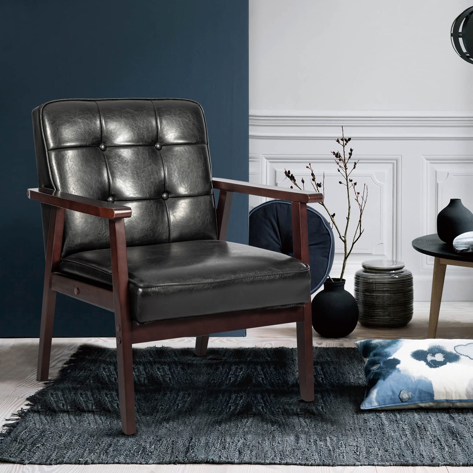 Mid-Century Modern Leather Accent Chair - Retro Armchair with Solid Wood Frame & Cushion - Stylish Lounge Chair for Living Room, Office or Reading Nook - Comfortable Armrest Sofa Chair (Black)