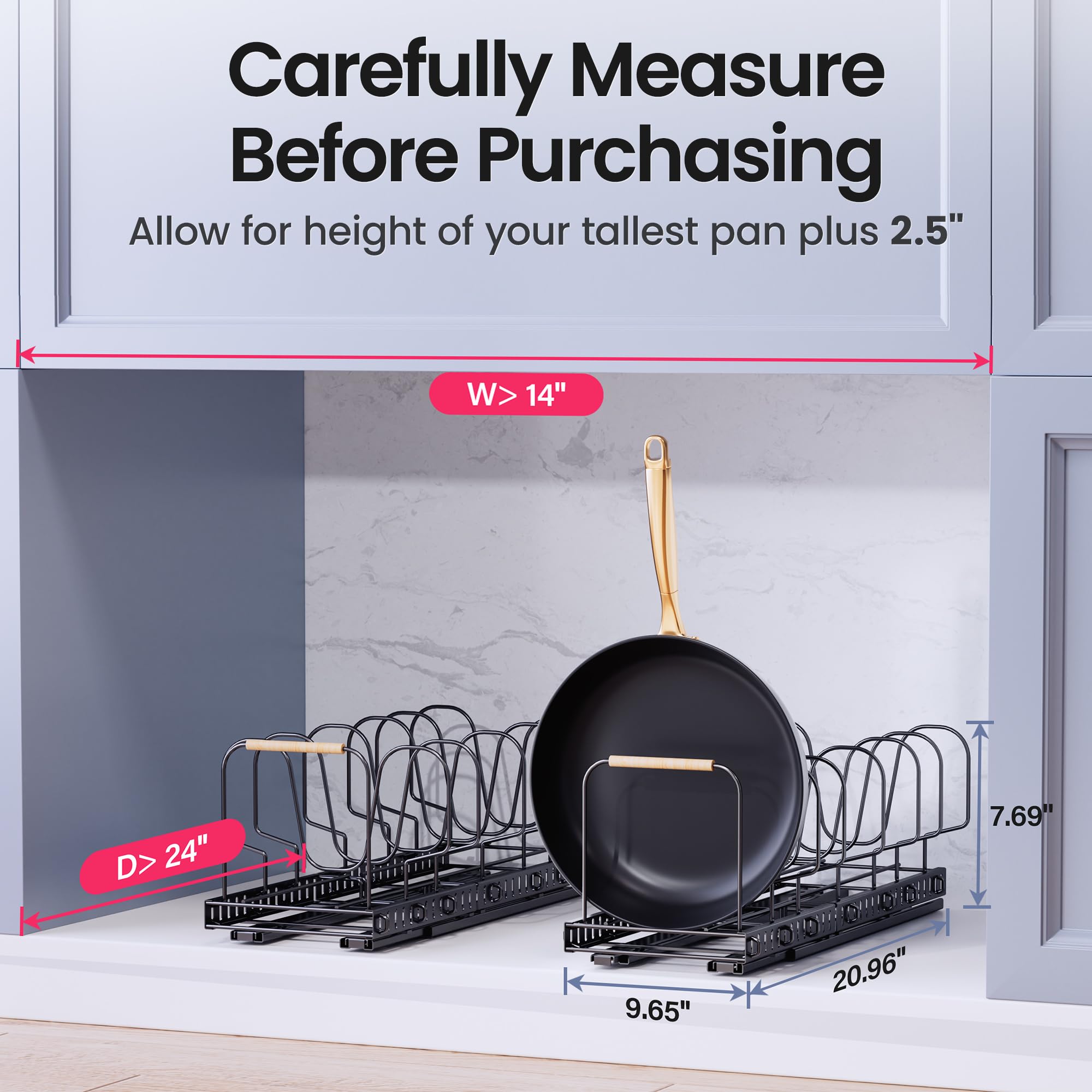 2-Pack Under Cabinet Pots and Pans Organizer with Adjustable Dividers & Handles - Space Saving Kitchen Storage for Cookware, Utensils & Cabinet Organization - Perfect for Small Kitchens & RV Cooking