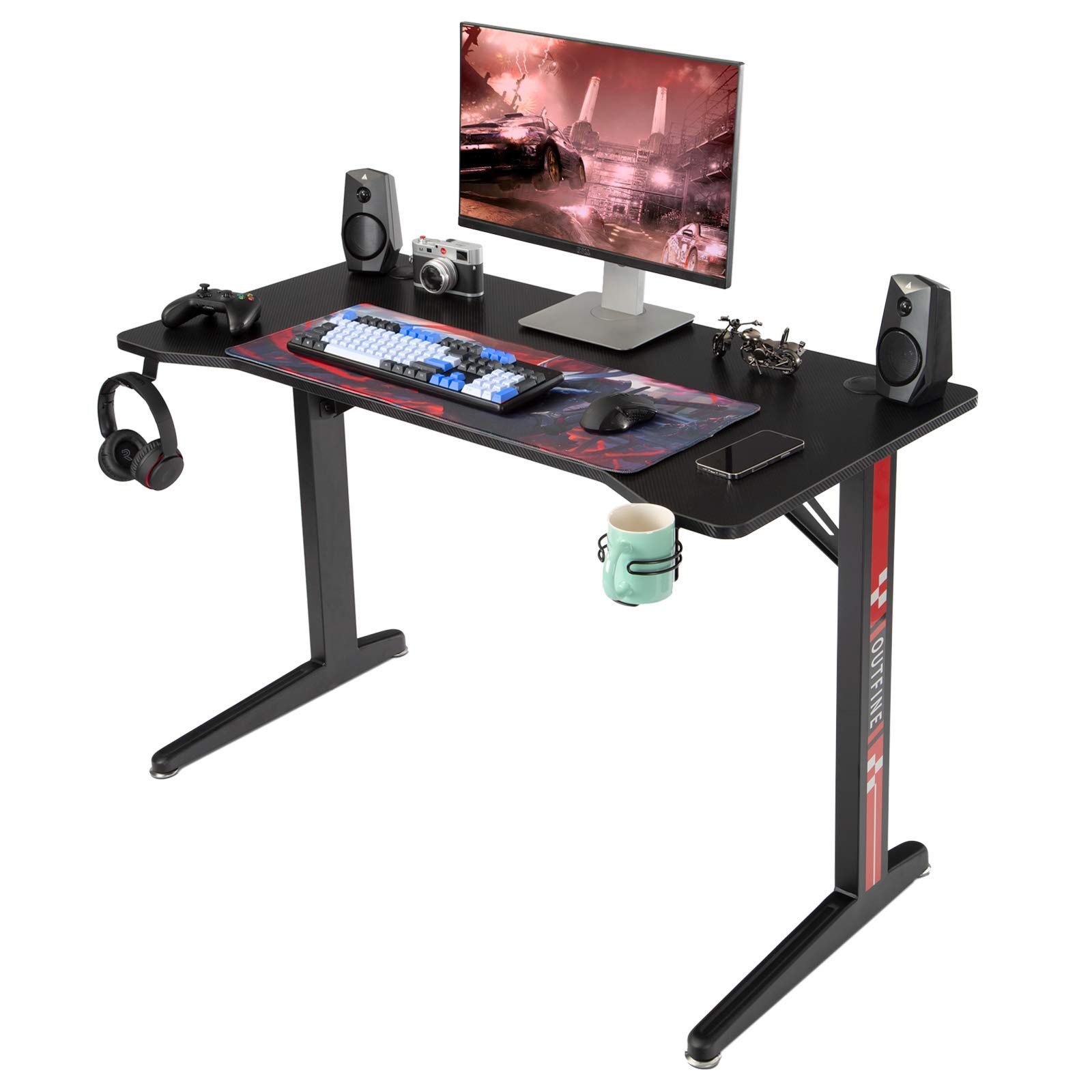 OUTFINE 47-Inch Gaming Desk with Carbon Fiber Surface - Ergonomic Home Office Computer Desk for Gamers, Cup Holder, Headphone Hook & Sturdy T-Shaped Legs (Black) - Perfect for PC Gaming Setup, Streaming & Remote Work