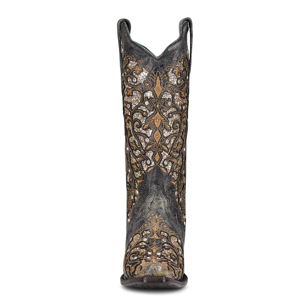 Women's Black Western Cowgirl Leather Boots with Sequins & Crystals - Stylish Tall Riding Boots for Country Dance, Rodeo & Cowgirl Fashion