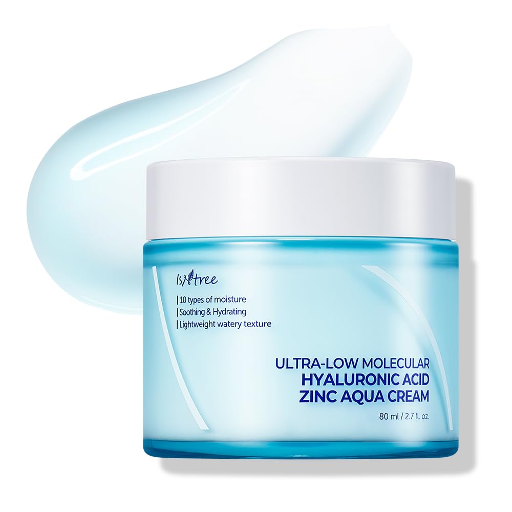 IsNtree Ultra-Low Molecular Hyaluronic Acid Zinc Aqua Cream 80ml (2.71 fl oz) - Korean Skincare for Deep Hydration, Pore Care & Cooling Effect | Best Face Moisturizer for Dry & Sensitive Skin | Perfect for Daily Use & Summer Skincare Routine