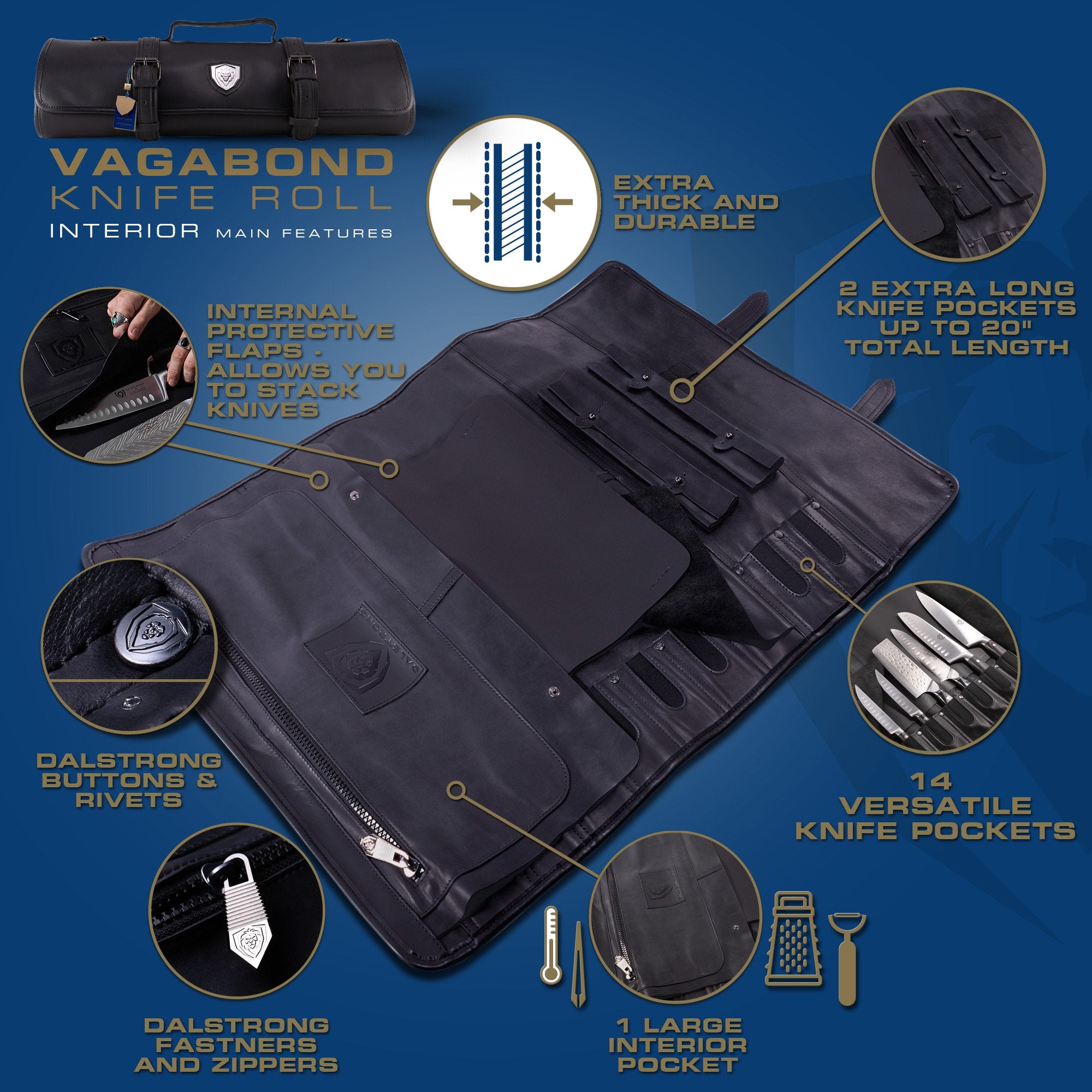 Premium Full Grain Leather Vagabond Knife Roll - Midnight Black | Dalstrong Professional Chef Knife Case for Travel & Kitchen Storage