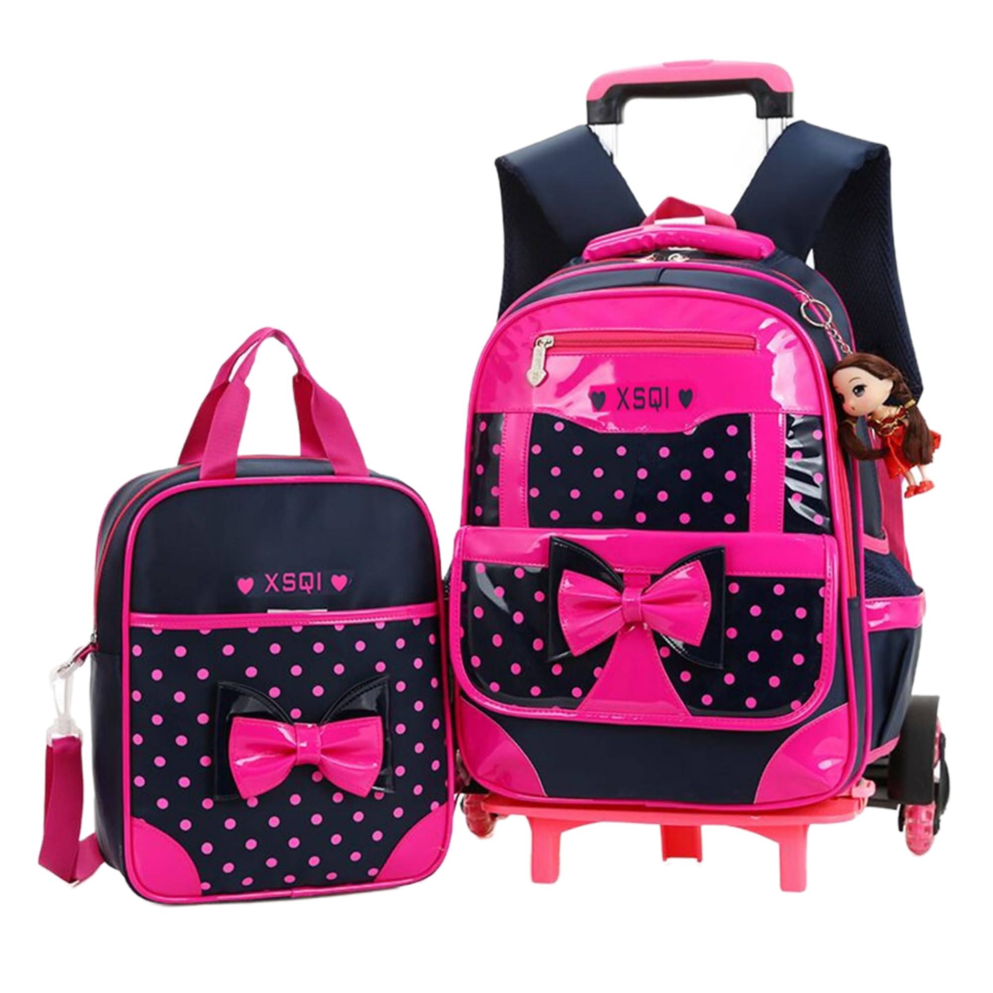 MITOWERMI Rolling Backpack for Girls - Cute Bowknot Wheeled School Backpack with Handbag, Trolley Carry-on Travel Luggage for Toddler & Elementary Princess | Perfect for School, Travel, and Daily Use