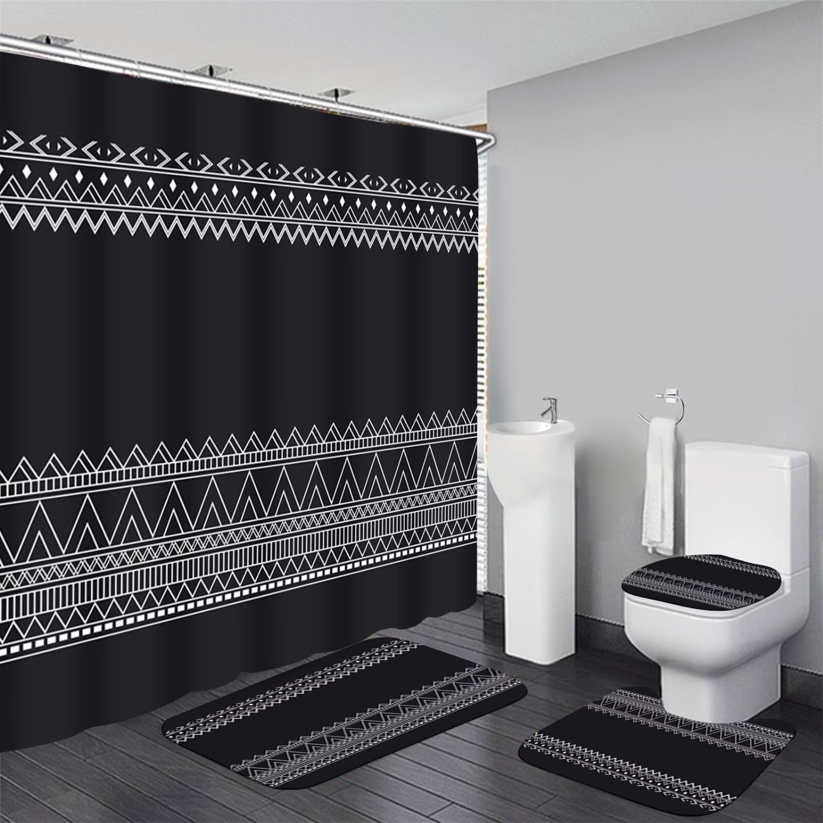 DDQQ 4-Piece Black Boho Shower Curtain Set with Bath Rugs - Modern Abstract Geometric Bathroom Decor with Hooks & Accessories - Vintage Striped Bohemian Bathtub Curtain for Spa-Like Bathroom Retreat