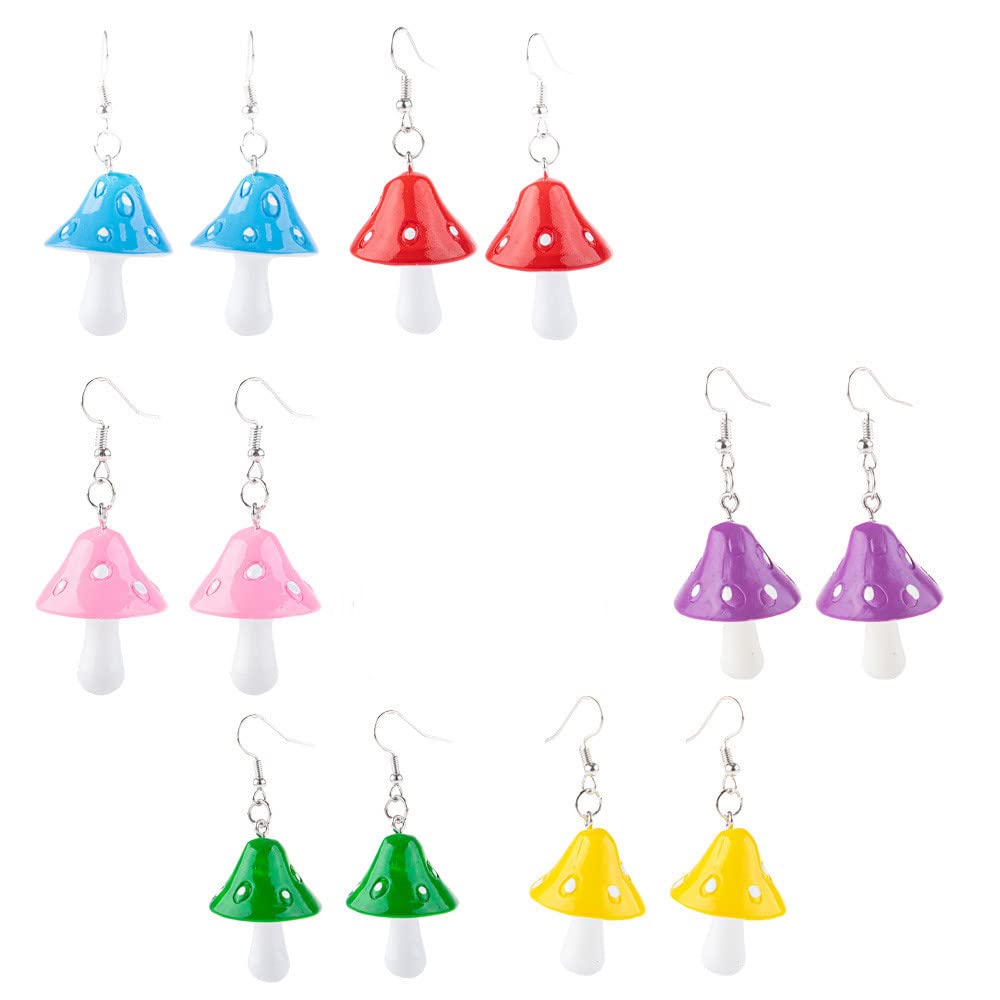 COLORFULBLING 5 Pairs Dainty Mushroom Pendant Earrings Set - Sweet Drop Earrings for Women & Girls - Trendy Colorful Jewelry Gift for Casual Wear, Parties & Everyday Fashion