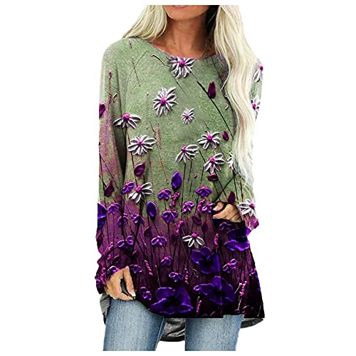 Women's Floral Print Long Sleeve Pullover Top - Round Neck Polyester Cotton Blend Shirt for Casual Wear, Office & Fall Outfits