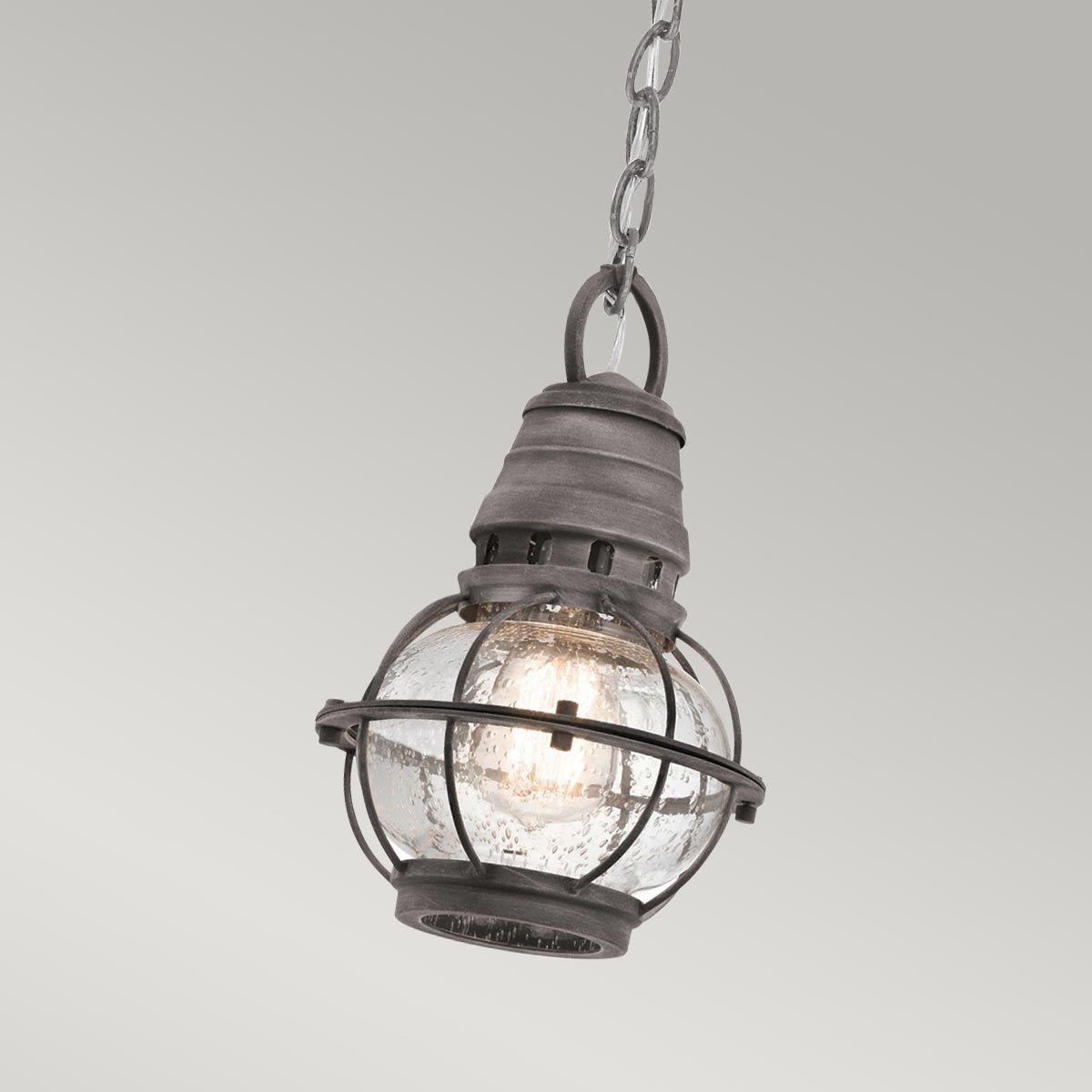 Bridge Point 1 Light Small Chain Lantern - Weathered Zinc/Natural Brass Finish, IP44 Rated, E27 Socket - Perfect for Porch, Patio, and Garden Lighting