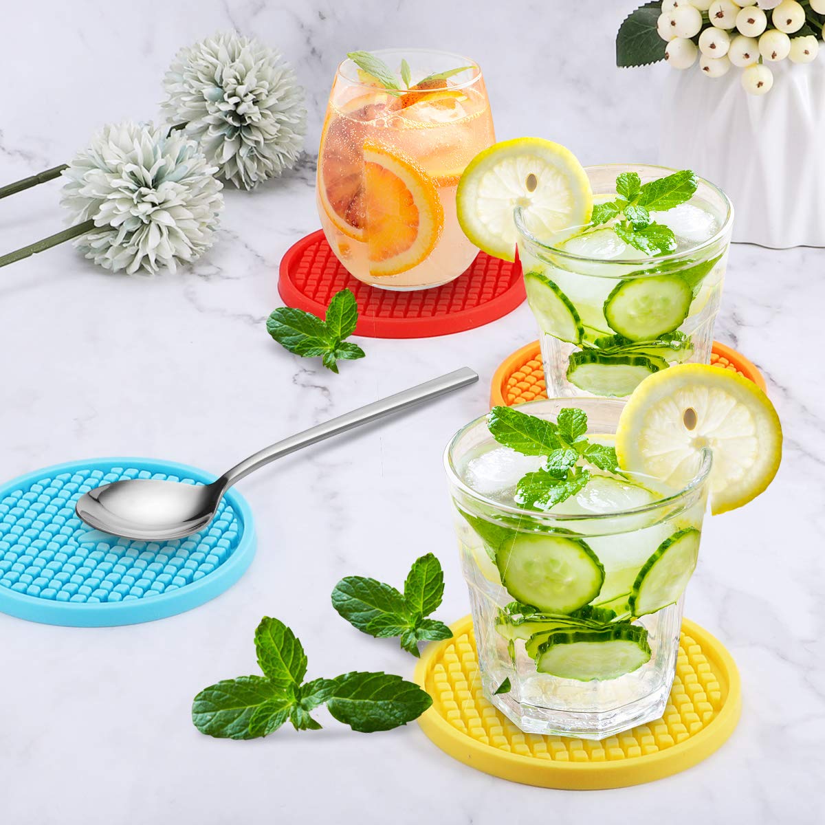 ME.FAN Premium Silicone Coasters Set of 6 - Thickened Non-Slip Drink Coasters with Holder - Waterproof Cup Mats for Coffee, Wine & Beverages - Protect Tables from Stains & Heat Damage (Navy Blue) - Perfect for Home, Office, Party & Outdoor Use