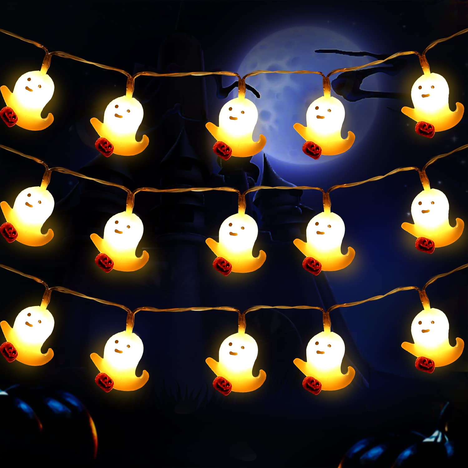 Spooky LED Halloween Skeleton Skull String Lights - 10 Battery Operated Ghost & Bat Decorations for Outdoor/Indoor Parties, Yard, Bar - 1.5m Halloween Decor (Cute Ghost Design) | Perfect for Halloween Night, Haunted House Themes & Seasonal Home Decor