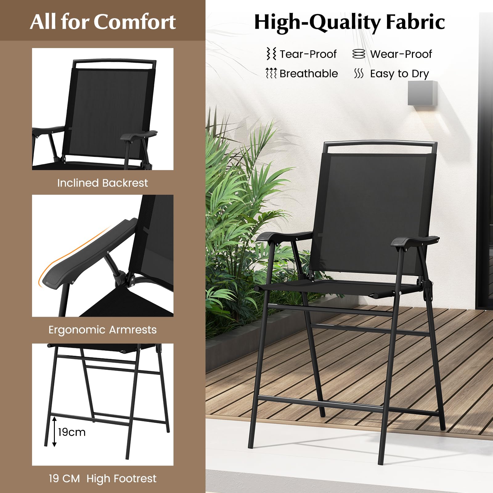 COSTWAY 3-Piece Outdoor Bistro Set with DPC Tabletop & Umbrella Hole - Round Patio Table & 2 Folding Bar Stools - Perfect for Poolside, Deck, Porch, Garden or Backyard Dining - Black