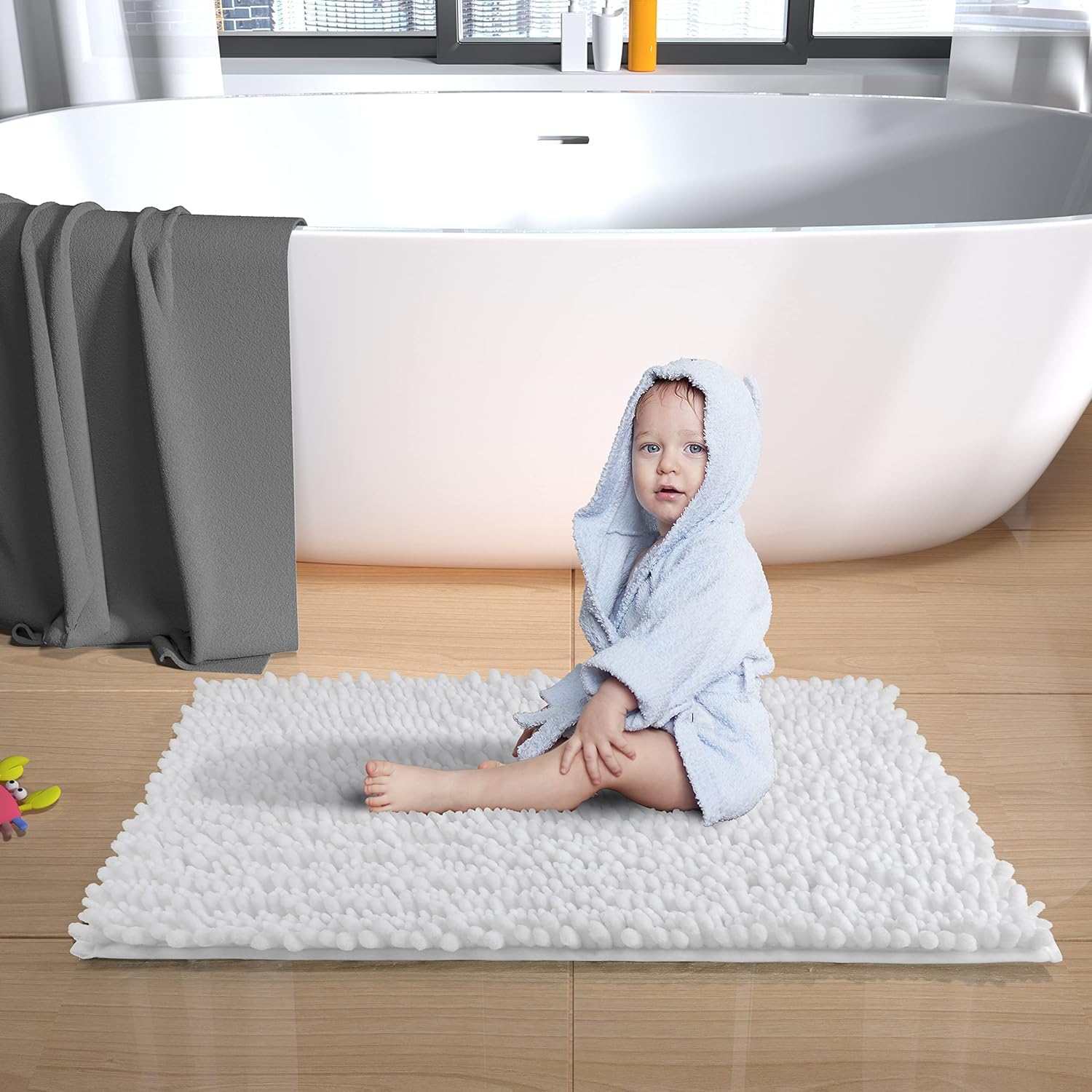 Yimobra Soft Shaggy Bath Mat 36.2 x 24 Inch - Non-Slip, Super Absorbent & Quick Dry Bathroom Rug for Floor - Machine Washable, Thick & Plush Shower Mat - Perfect for Bathroom, Spa & Vanity Areas - Bright White