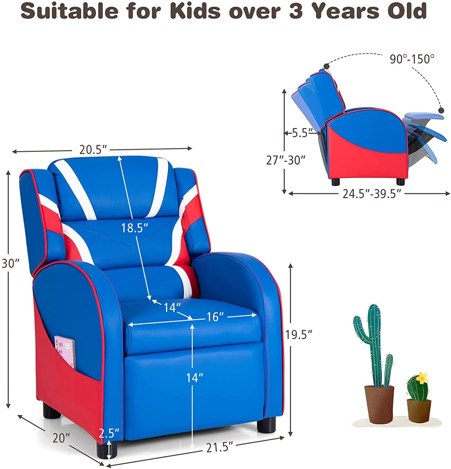 GLACER Kids Recliner Chair - Adjustable Youth Gaming Recliner with Headrest, Footrest & Lumbar Support - Side Pocket Storage - Blue Lounge Chair for Boys & Girls - Perfect for Living Room, Game Room, Bedroom & Home Theater