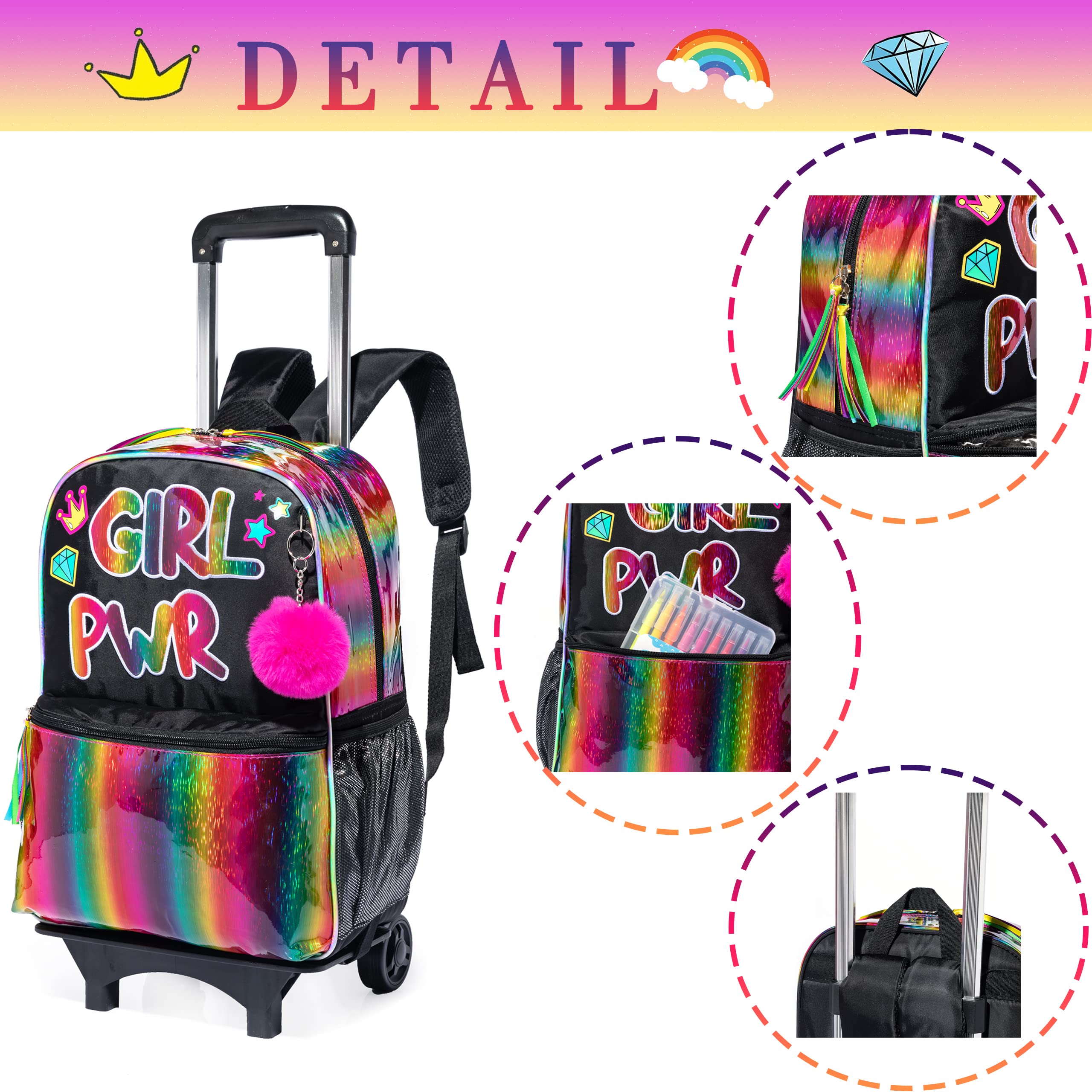 16 Inch Rolling Backpack for Girls - Kids Wheeled School Backpack with Retractable Handle, Durable Bookbag Suitcase for Kindergarten & Travel (Ages 4-6) - Perfect for School, Day Trips & Airplane Carry-On