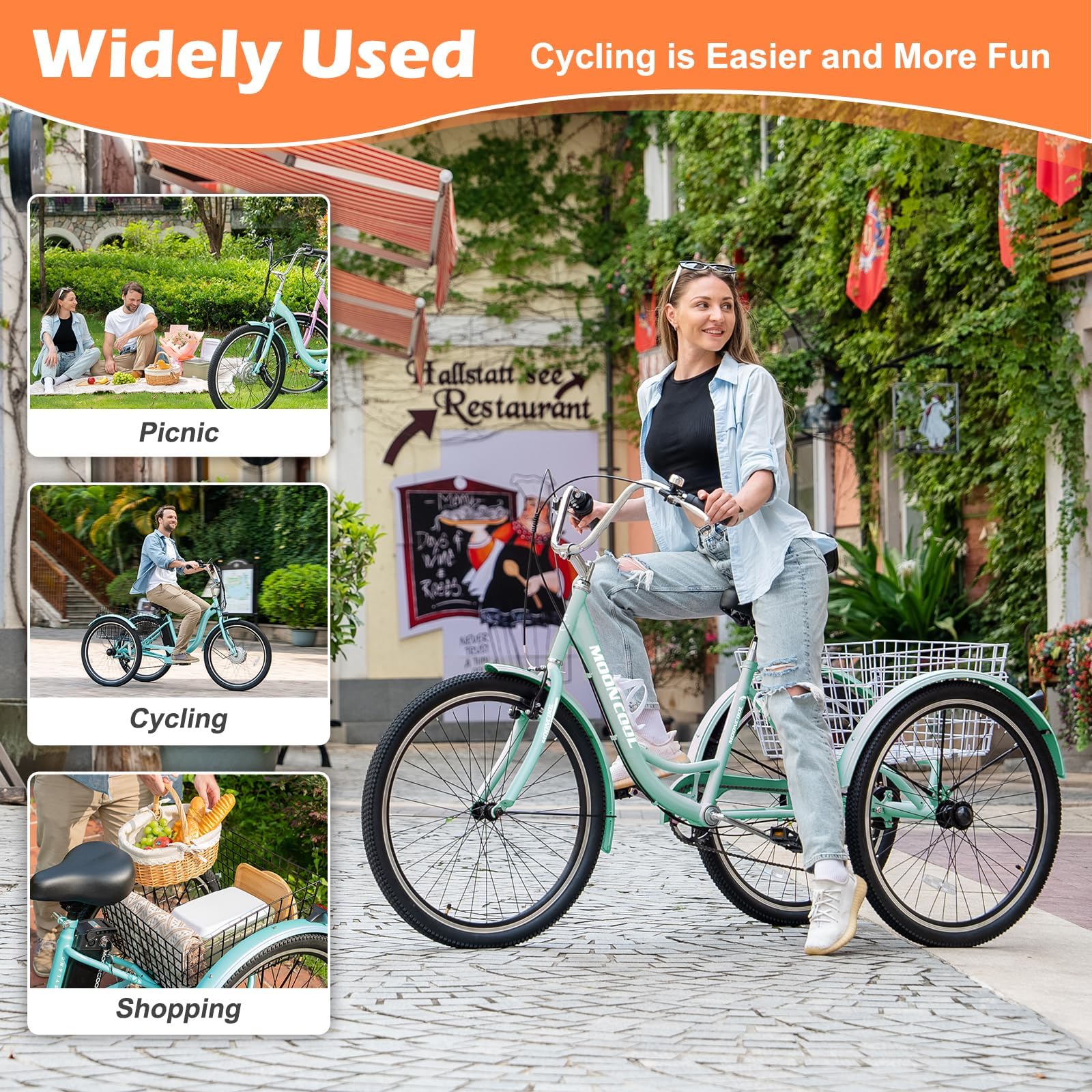 MOONCOOL Adult Tricycle 3-Wheel Bicycle with 7-Speed Gears, 20/24/26 Inch Wheels & Storage Basket - Comfortable 3-Wheeled Bike for Seniors, Women & Men - Perfect for Grocery Shopping, Park Rides & Daily Commuting