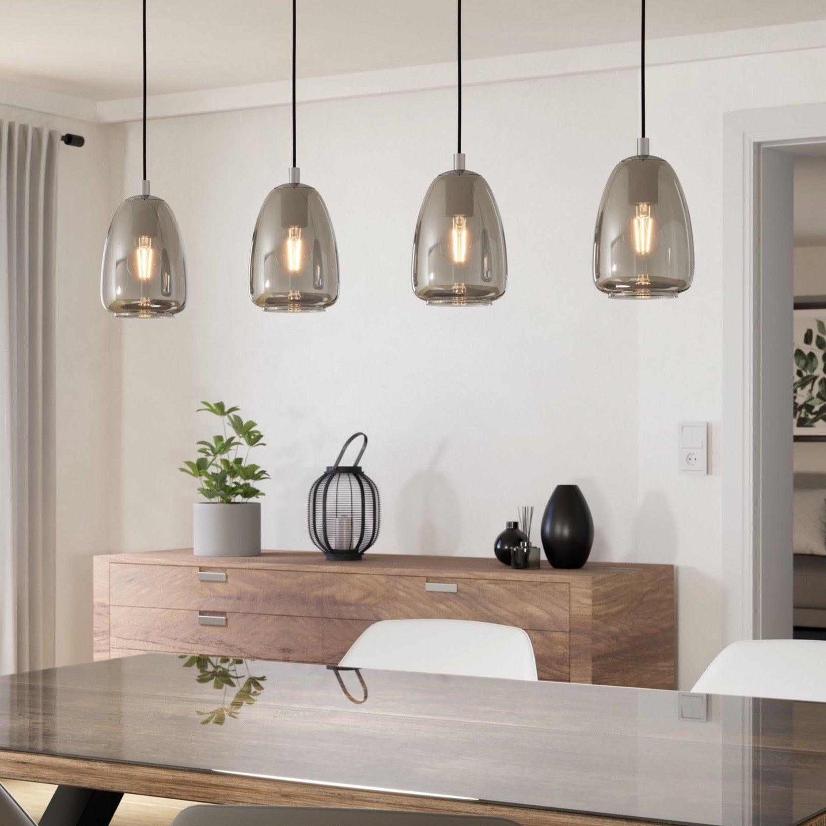 Eglo Alobrase 4-Light Modern Ceiling Light Fixture - Chrome & Smoked Black Glass Pendant Lamp for Dining Room, Kitchen Island or Bedroom Lighting