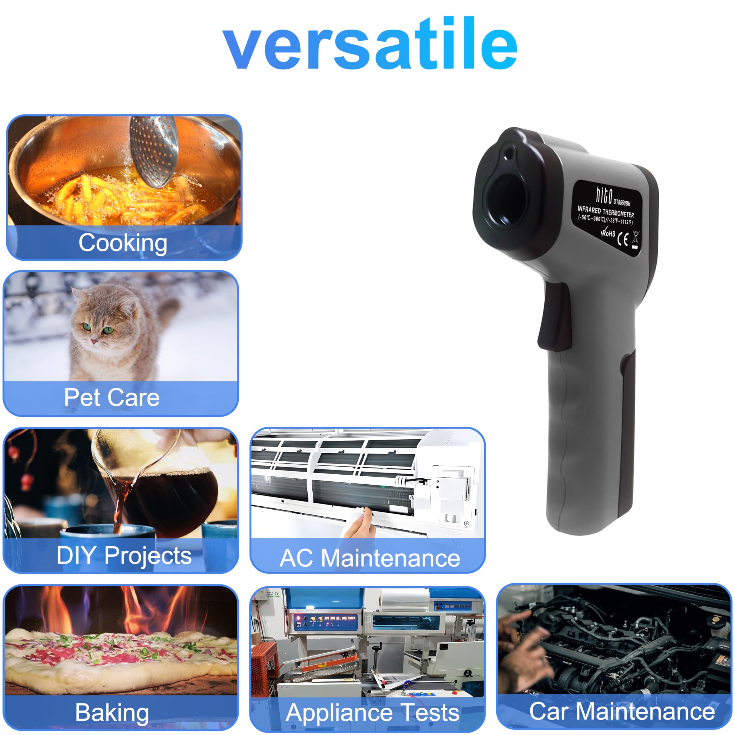 Hito Infrared Thermometer Gun -58°F to 1112°F (-50°C to 600°C) - Non-Contact Digital Laser Temperature Gun for Cooking, HVAC, Industrial Use - Perfect for Pizza Ovens, Meat, Liquids, Reptile Tanks & Pool Temperature Monitoring
