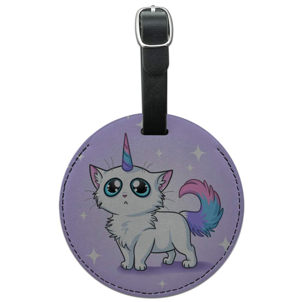 Round Leather Cat Unicorn Luggage Tag - Durable Suitcase ID Tag for Carry-On Bags - Perfect for Travel, Vacation & Airport Identification