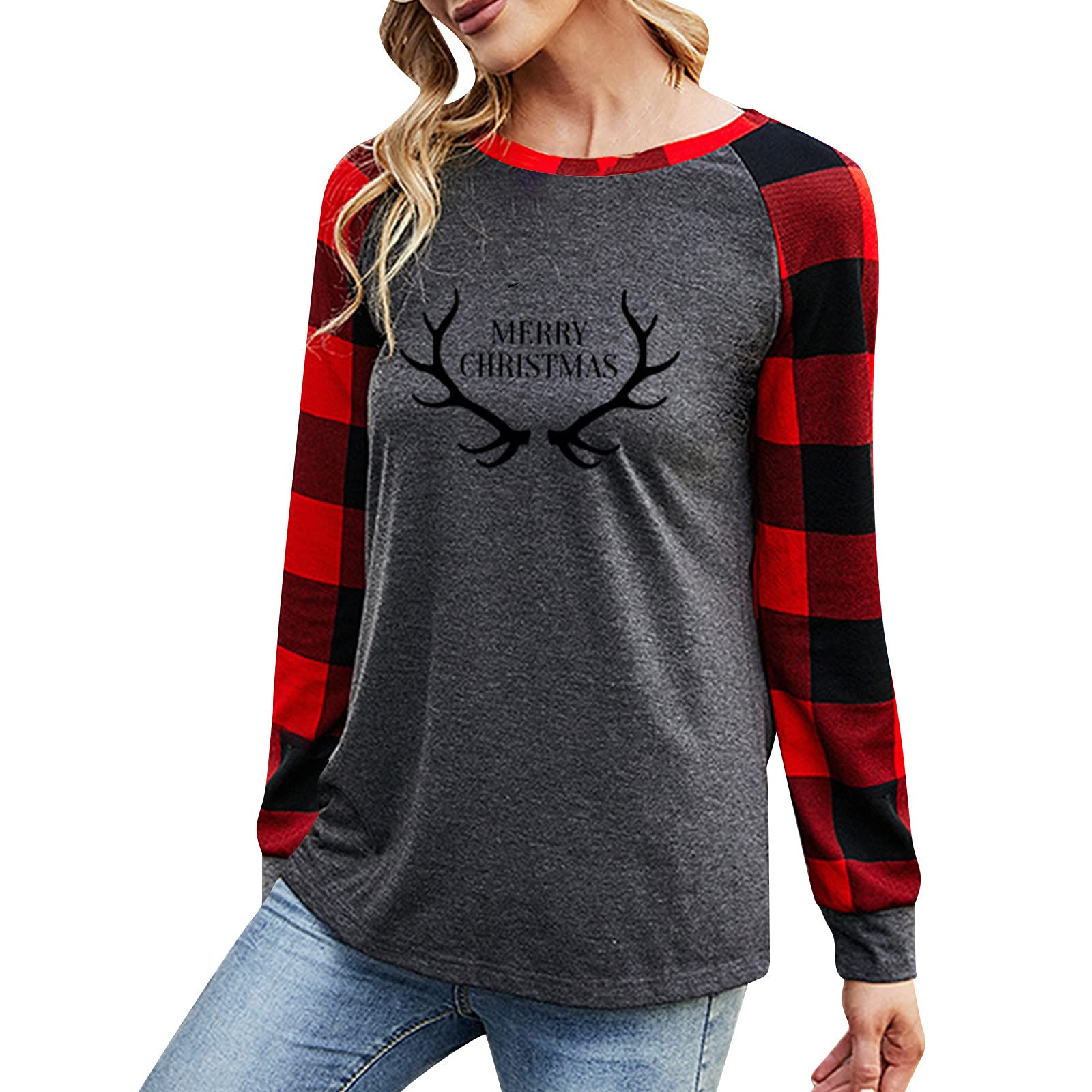 Women's Plaid Patchwork Long Sleeve Sweatshirt - Winter Fall Gym Casual Wear for Christmas & Vacation | Cozy Fleece Pullover for Workouts, Lounge & Holiday Outfits